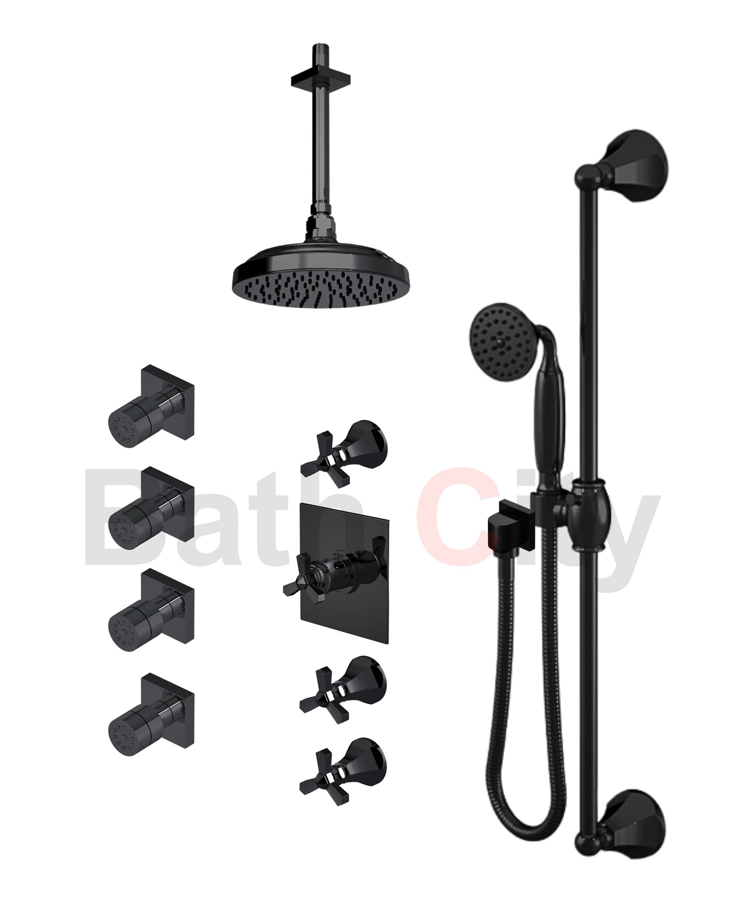 RUBINET 47HXL Hexis Temperature Control Shower with Three Separate Volume Controls, 8" Ceiling Mount Shower Head, Adjustable Slide Bar, Integral Supply, Hand Held Shower &Four Body Jets (Trim Only)