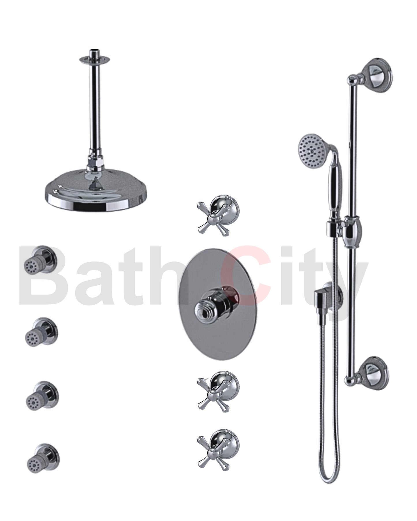 RUBINET 47FML Jasmin Temperature Control Shower with Three Separate Volume
Controls, Fixed Shower Head, Adjustable Slide Bar,
Integral Supply, Hand Held Shower & Four Body Sprays 8? Ceiling Mount Trim Only