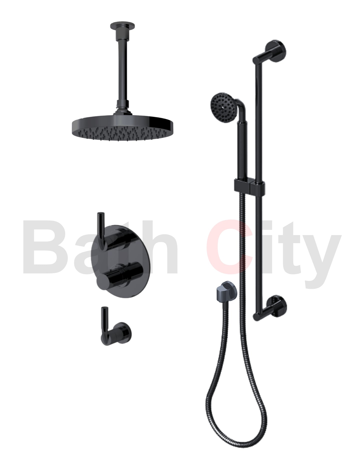 RUBINET 42NVR Nouveau Temperature Control Shower with Two Separate Volume
Controls, Fixed Shower Head, Adjustable Slide Bar,
Integral Supply & Hand Held Shower 8? Ceiling Mount Trim Only