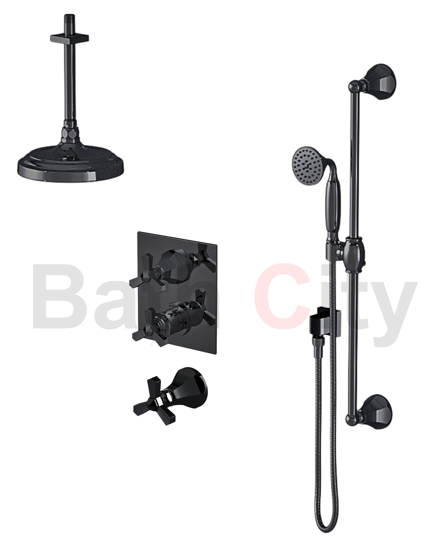 RUBINET 42HXL Hexis Temperature Control Shower with Two Separate Volume Controls, 8" Ceiling Mount Shower Head, Hand Held Shower, Adjustable Slide bar, Integral Supply (Trim Only)