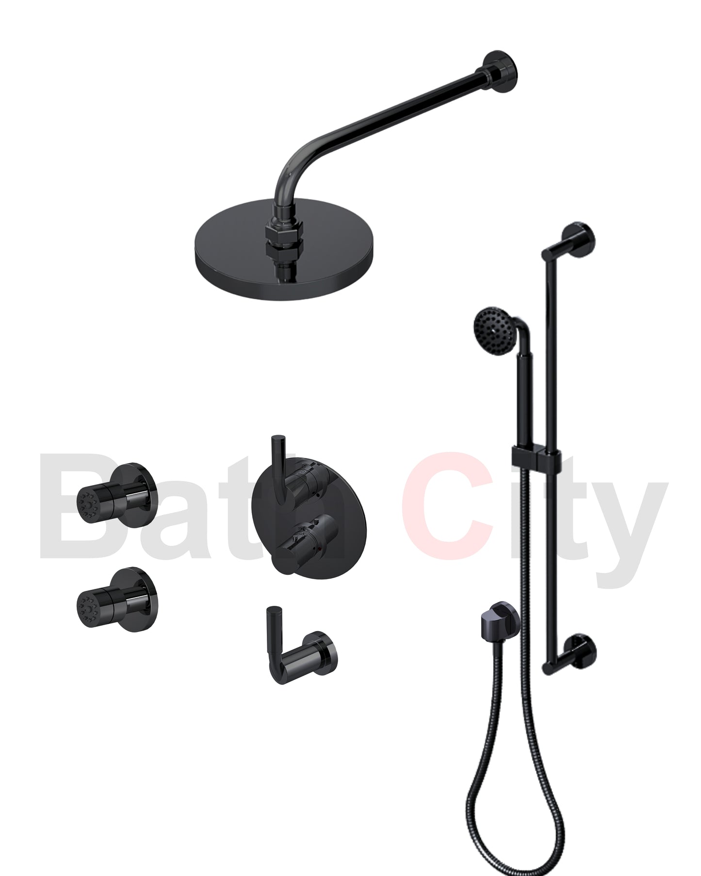 RUBINET 31NVR Nouveau Temperature Control Shower with Two Way Diverter &
Shut-Off, with One Separate Volume Control with
Hand Held Shower, Adjustable Slide Bar, Integral Supply,
Two Body Sprays & Fixed Shower Head 8? Wall Mount Trim Only