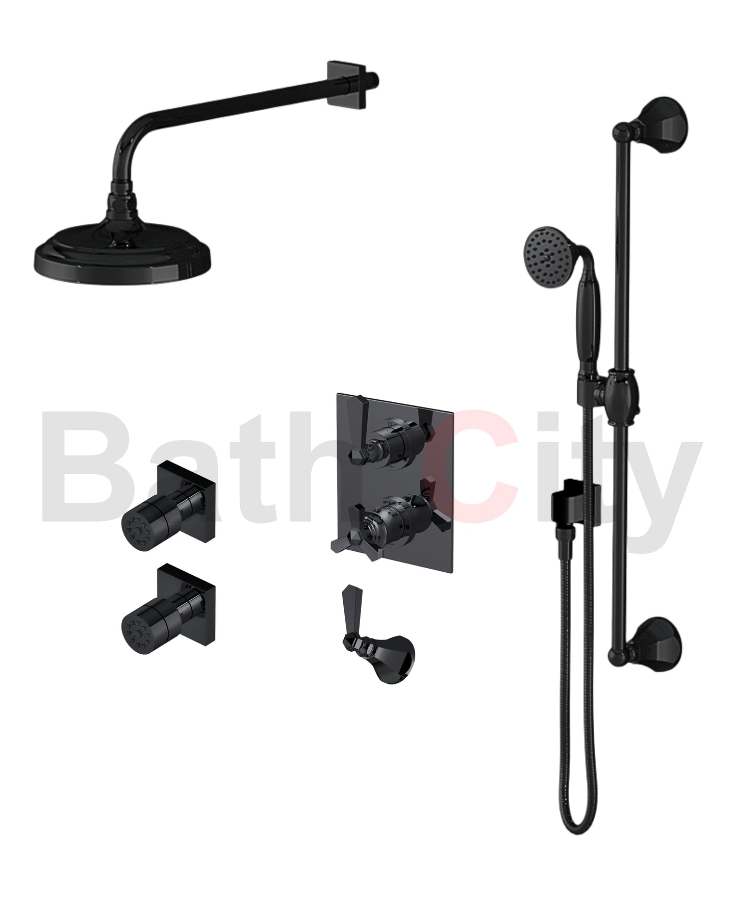 RUBINET 31HXL Hexis Temperature Control Shower with Two Way Diverter & Shut-Off, with One Separate Volume Control, Hand Held Shower, Adjustable Slide bar, Integral Supply, Two Body Sprays & 8" Wall Mount Showe Head (Trim Only)