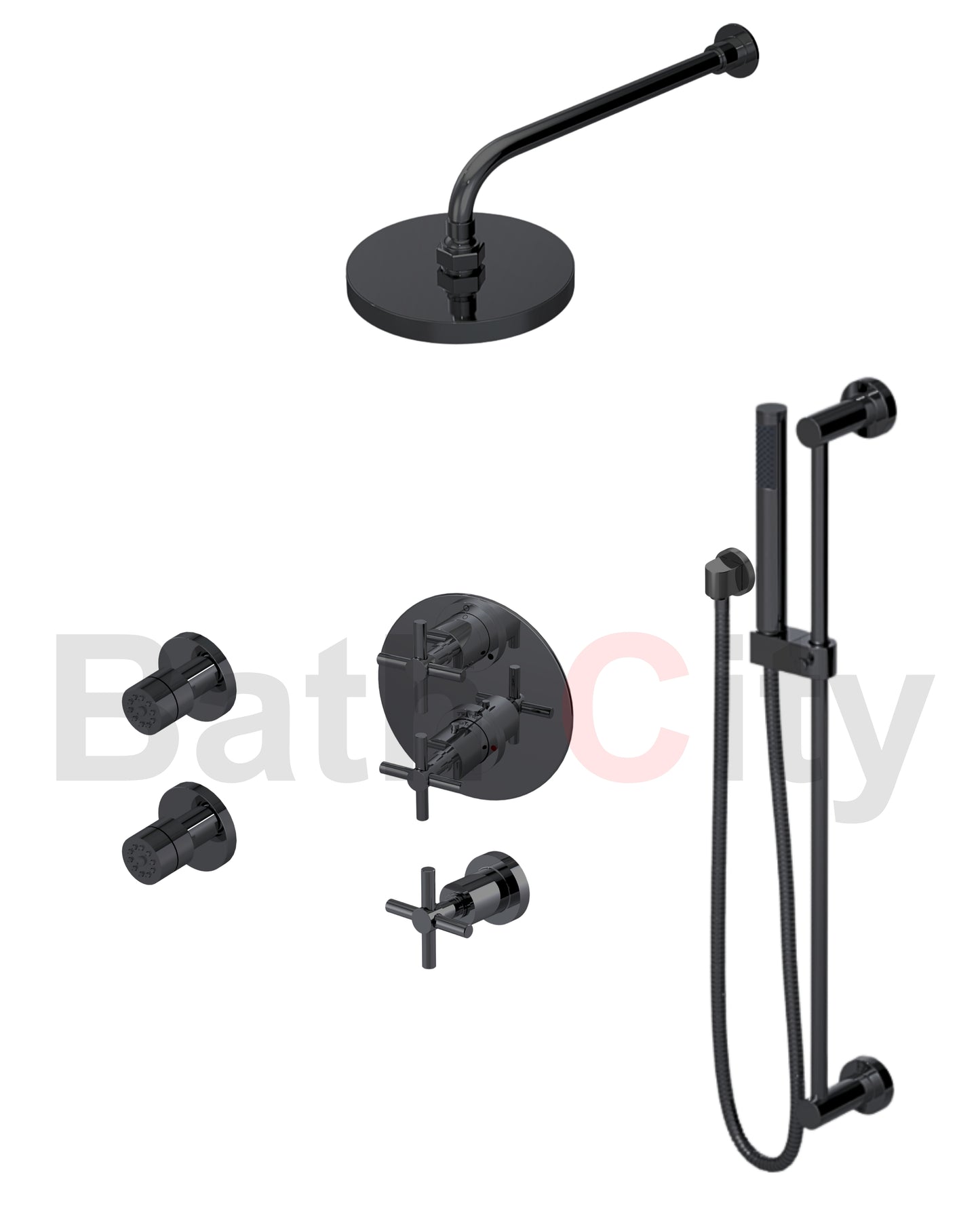 RUBINET 31GNL Genesis Temperature Control Shower with Two Way Diverter & Shut-Off, with One Separate Volume Control with
Hand Held Shower, Adjustable Slide Bar, Integral Supply, Two Body Sprays & 8" Wall Mount Shower Head (Trim Only)