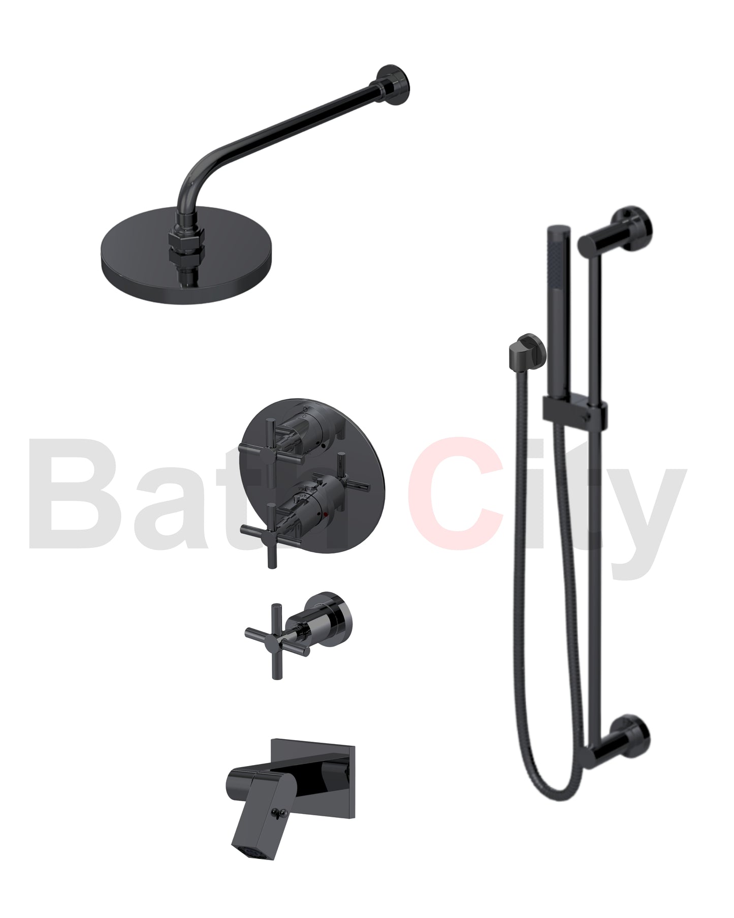 RUBINET 28GNL Genesis Temperature Control Shower & Shut-Off, with One Separate Volume Control, Hand Held Shower, Adjustable Slide Bar, Integral Supply, Wall Mount Bidet / Foot Rinse & 8" Ceiling Mount Shower Head & Arm (Trim Only)