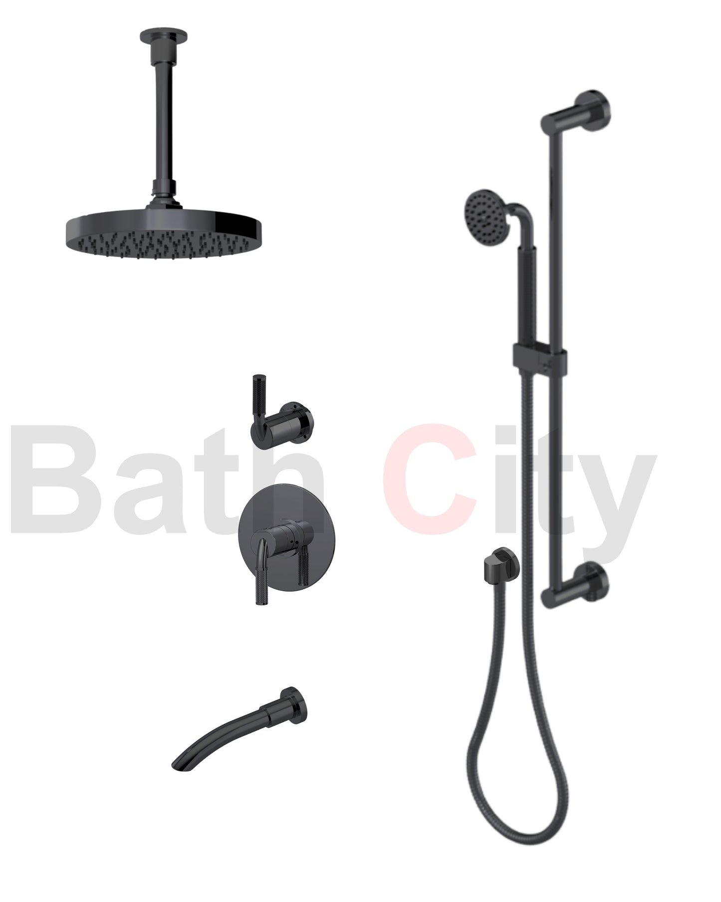 RUBINET 233HOR H2O Pressure Balance Tub & Shower with Three Way Diverter Shared Flow, 8" Ceiling Mount Shower Head & Arm, Tub Filler Spout, Hand Held Shower, Adjustable Slide Bar &Integral Supply (Trim Only)