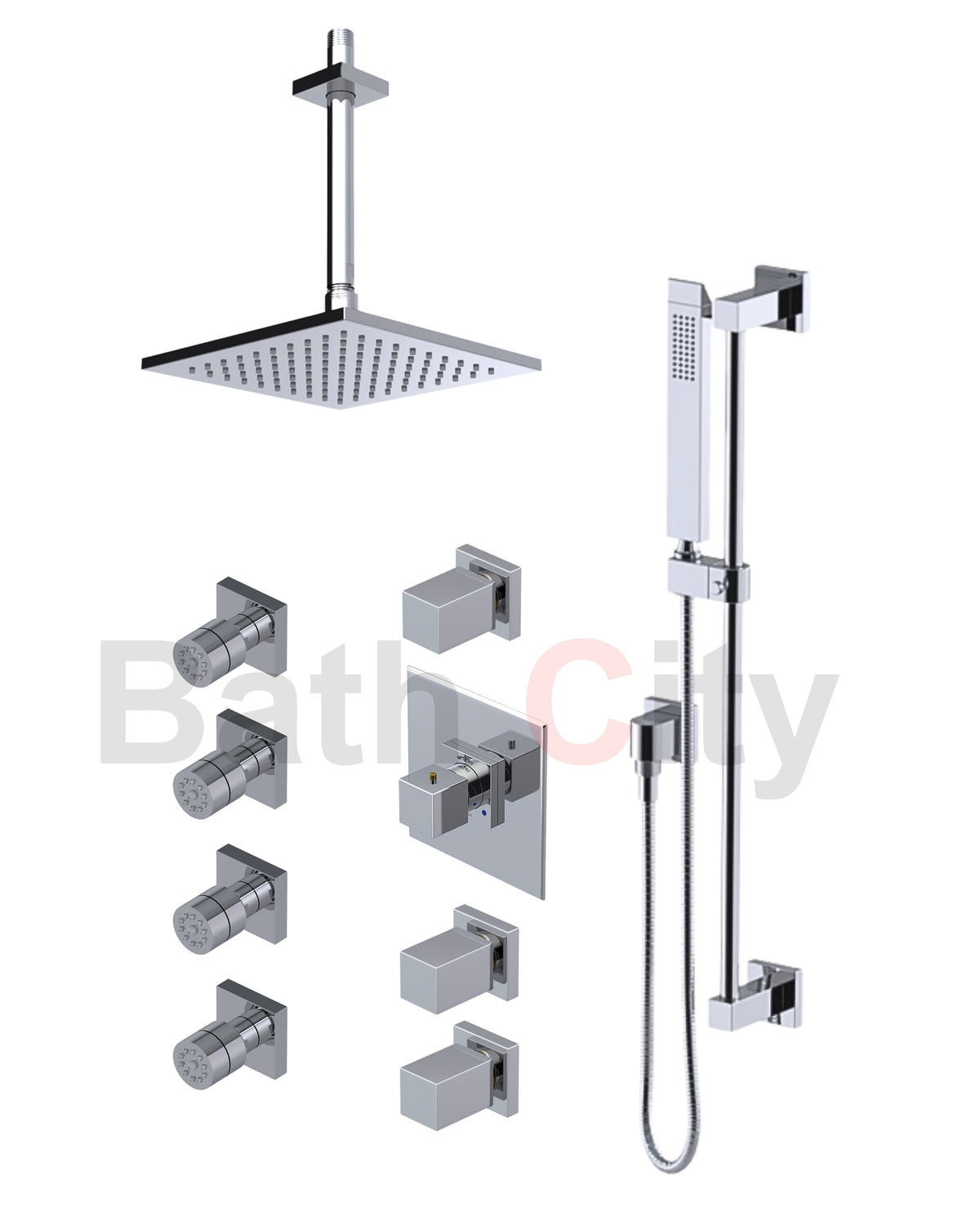 RUBINET 47RSQ Seven Temperature Control Shower with Three Separate Volume Controls, Fixed Shower Head, Adjustable Slide Bar, Integral Supply & Hand Held Shower & Four Body Sprays/ 8" Ceiling Mount-Trim Only Main image