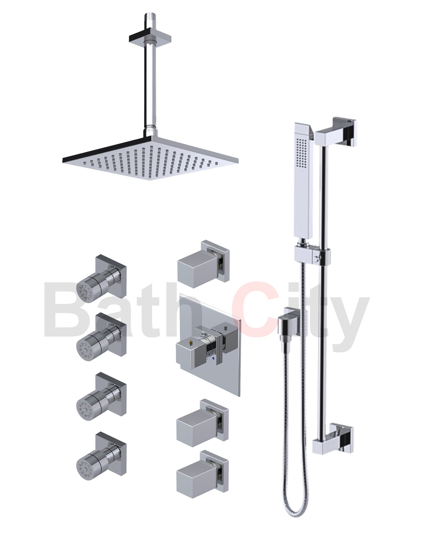 RUBINET 47RSQ Seven Temperature Control Shower with Three Separate Volume Controls, Fixed Shower Head, Adjustable Slide Bar, Integral Supply & Hand Held Shower & Four Body Sprays/ 8" Ceiling Mount-Trim Only