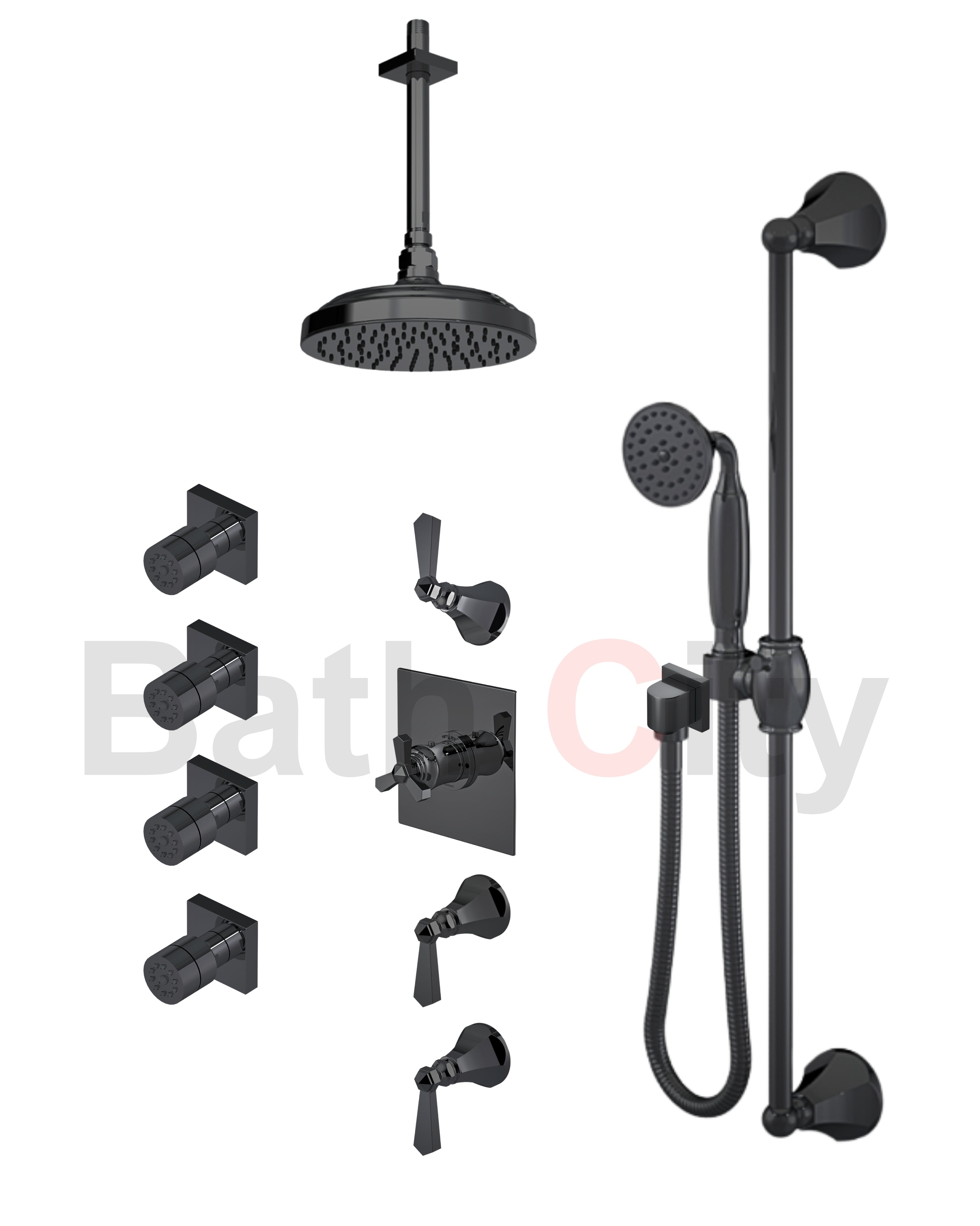 RUBINET 47HXL Hexis Temperature Control Shower with Three Separate Volume Controls, 8" Ceiling Mount Shower Head, Adjustable Slide Bar, Integral Supply, Hand Held Shower &Four Body Jets (Trim Only) Secondary image