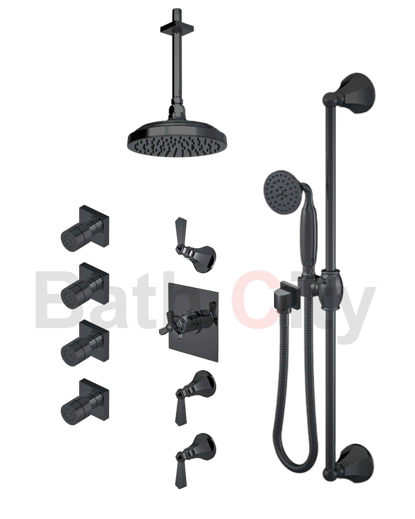 RUBINET 47HXL Hexis Temperature Control Shower with Three Separate Volume Controls, 8" Ceiling Mount Shower Head, Adjustable Slide Bar, Integral Supply, Hand Held Shower &Four Body Jets (Trim Only)