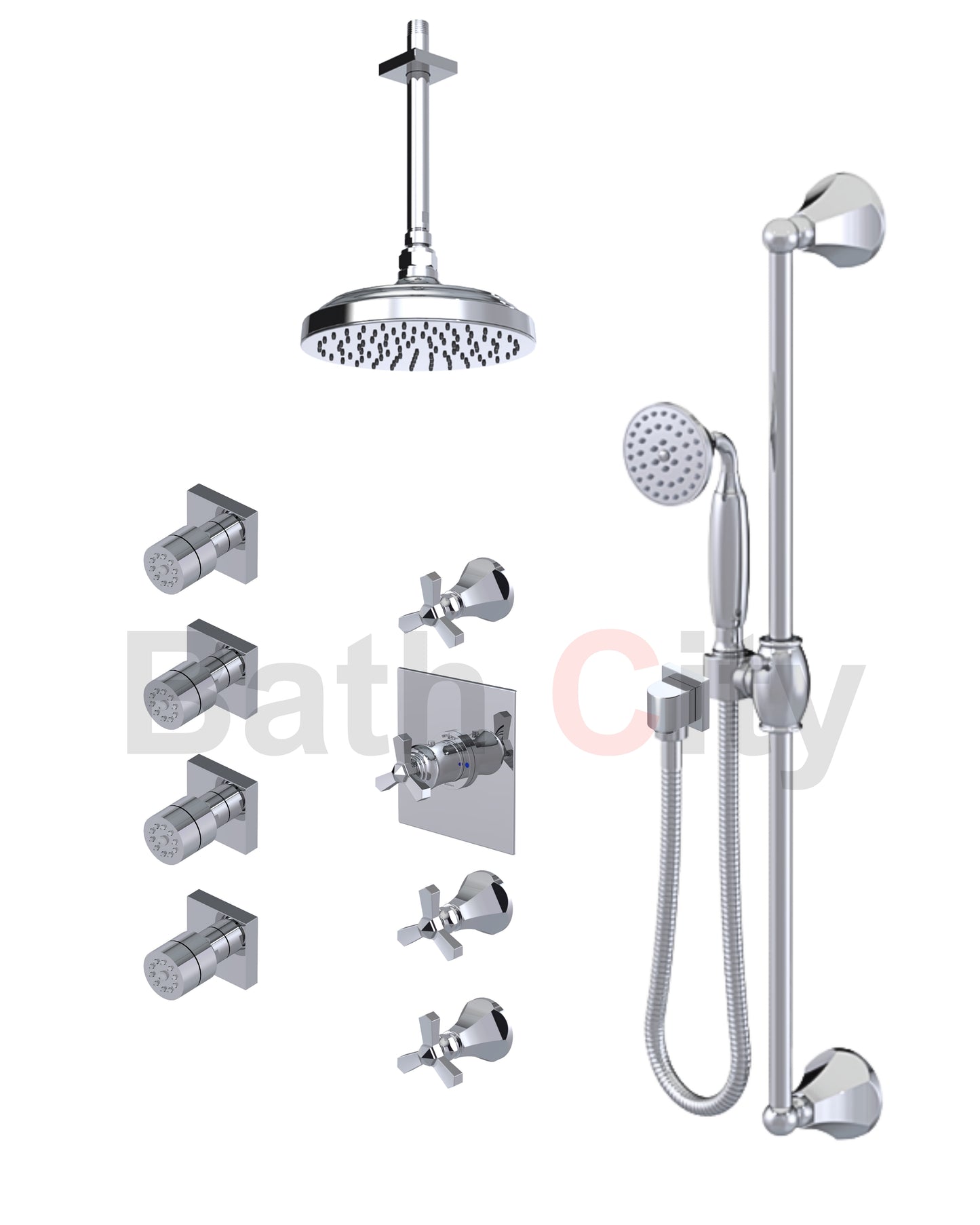 RUBINET 47HXL Hexis Temperature Control Shower with Three Separate Volume Controls, 8" Ceiling Mount Shower Head, Adjustable Slide Bar, Integral Supply, Hand Held Shower &Four Body Jets (Trim Only)