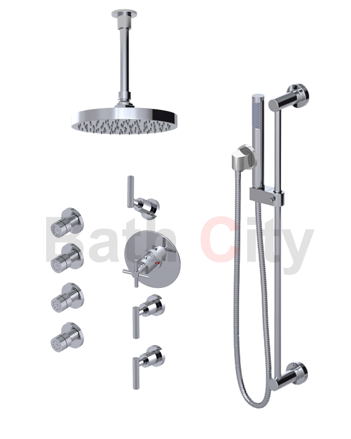 RUBINET 47GNL Genesis Temperature Control Shower with Three Separate Volume Controls, 8" Ceiling Mount Shower Head, Adjustable Slide Bar, Integral Supply, Hand Held Shower & Four Body Sprays (Trim Only) Main image