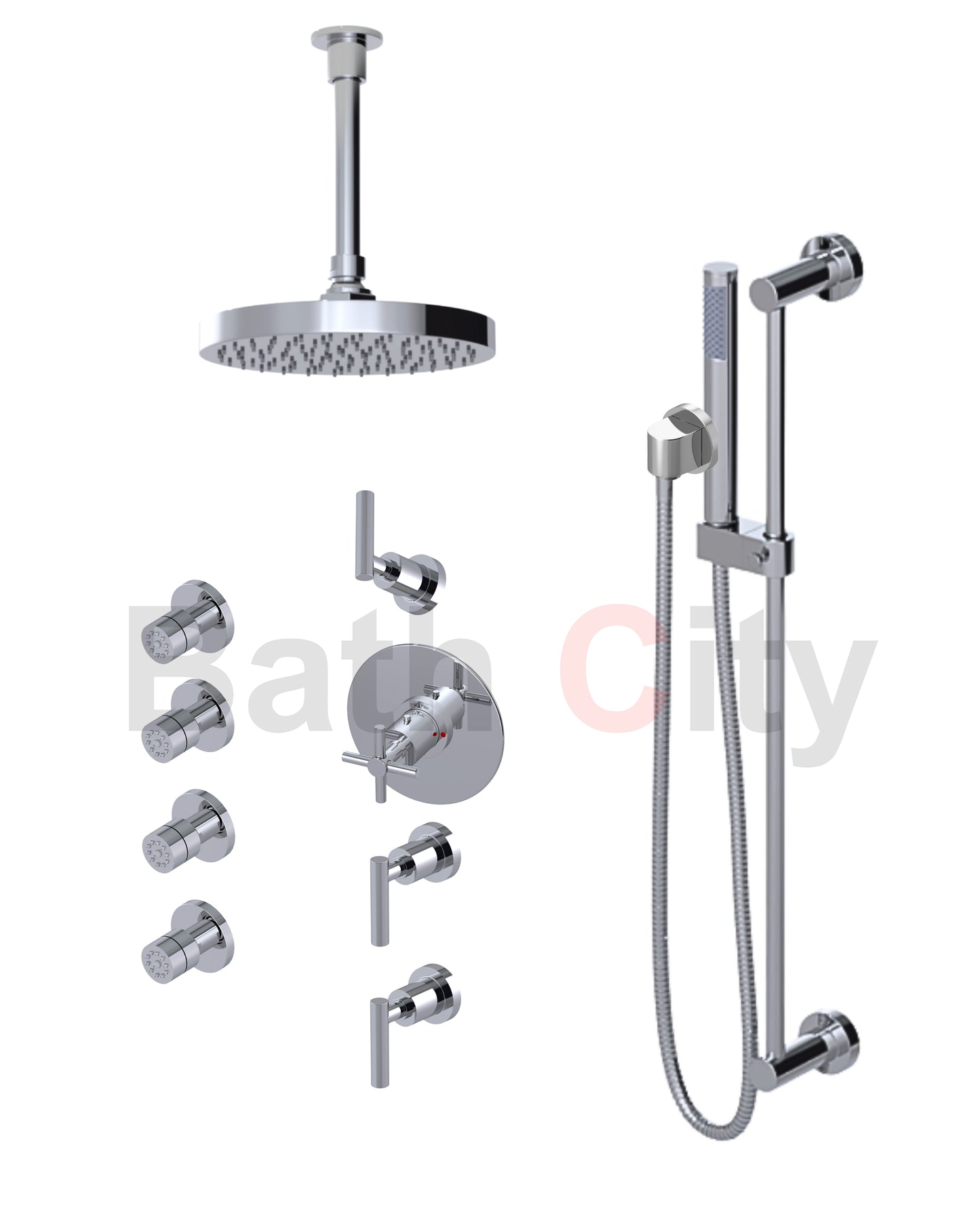 RUBINET 47GNL Genesis Temperature Control Shower with Three Separate Volume Controls, 8" Ceiling Mount Shower Head, Adjustable Slide Bar, Integral Supply, Hand Held Shower & Four Body Sprays (Trim Only)