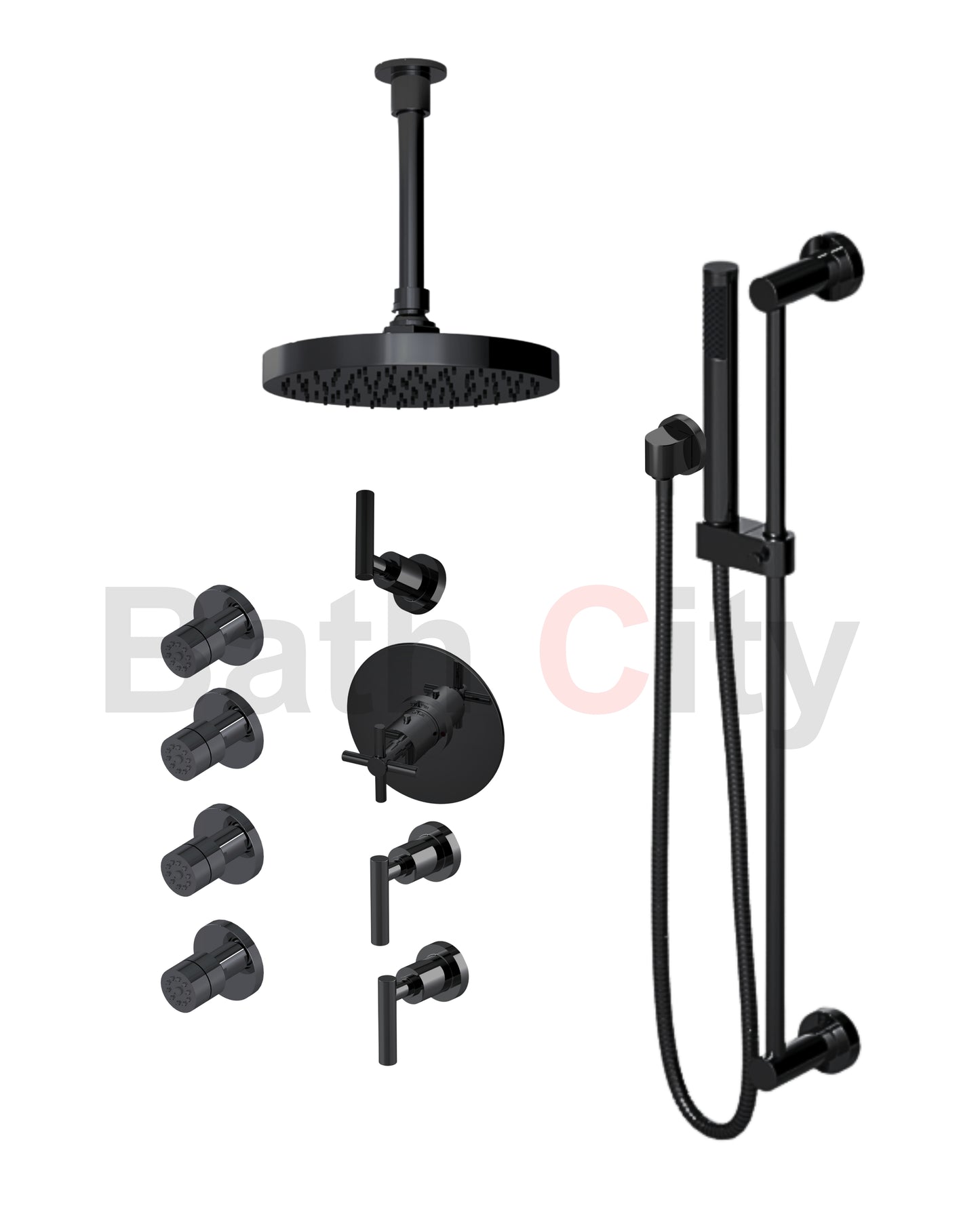 RUBINET 47GNL Genesis Temperature Control Shower with Three Separate Volume Controls, 8" Ceiling Mount Shower Head, Adjustable Slide Bar, Integral Supply, Hand Held Shower & Four Body Sprays (Trim Only)