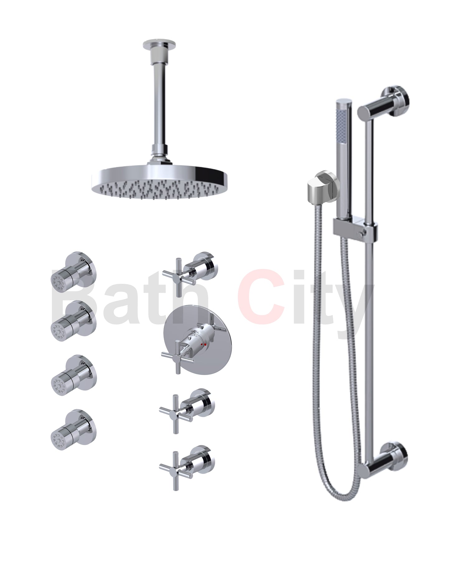 RUBINET 47GNL Genesis Temperature Control Shower with Three Separate Volume Controls, 8" Ceiling Mount Shower Head, Adjustable Slide Bar, Integral Supply, Hand Held Shower & Four Body Sprays (Trim Only)