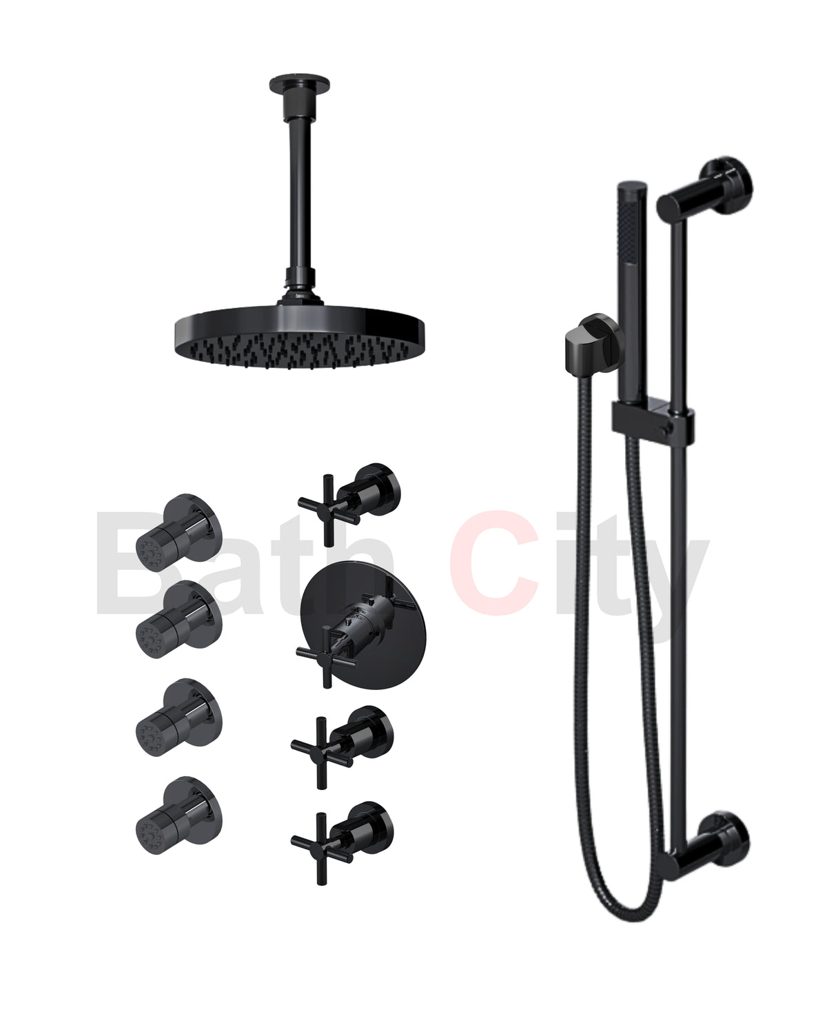 RUBINET 47GNL Genesis Temperature Control Shower with Three Separate Volume Controls, 8" Ceiling Mount Shower Head, Adjustable Slide Bar, Integral Supply, Hand Held Shower & Four Body Sprays (Trim Only)
