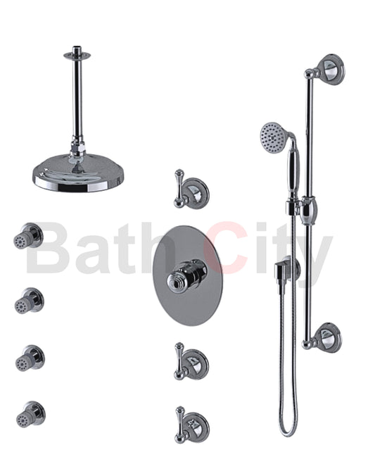 RUBINET 47FML Jasmin Temperature Control Shower with Three Separate Volume
Controls, Fixed Shower Head, Adjustable Slide Bar,
Integral Supply, Hand Held Shower & Four Body Sprays 8? Ceiling Mount Trim Only