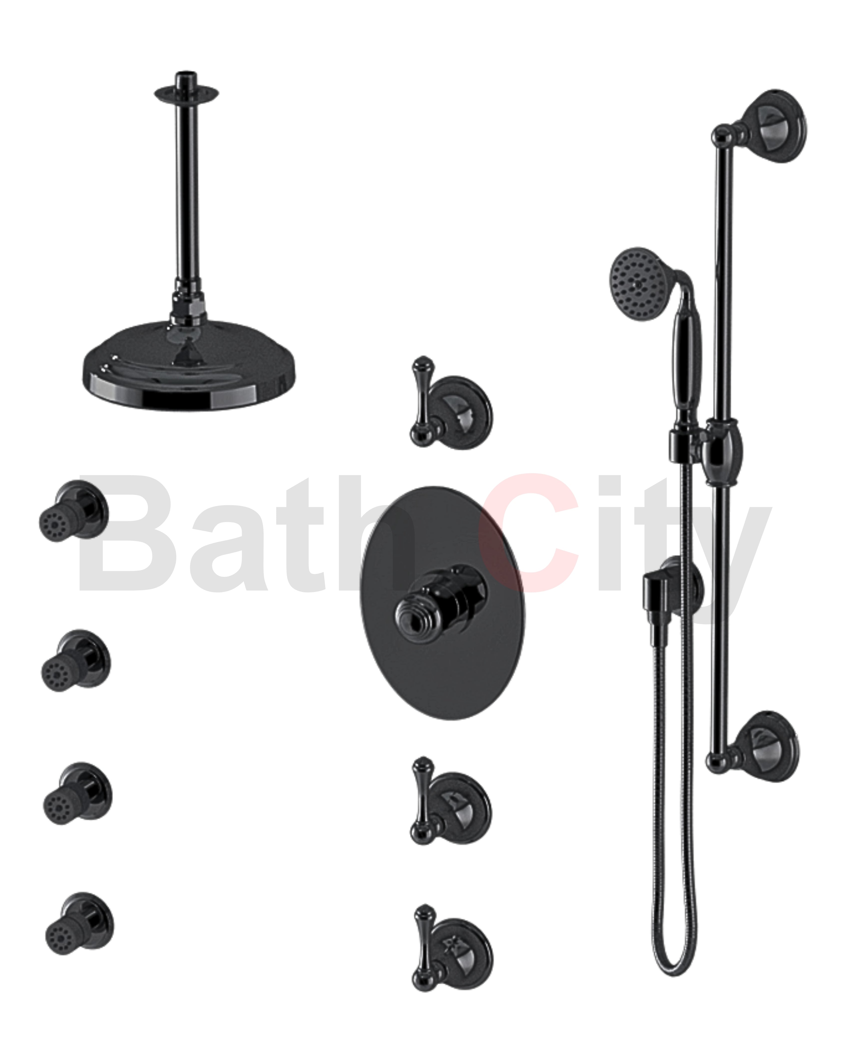 RUBINET 47FML Jasmin Temperature Control Shower with Three Separate Volume
Controls, Fixed Shower Head, Adjustable Slide Bar,
Integral Supply, Hand Held Shower & Four Body Sprays 8? Ceiling Mount Trim Only Secondary image
