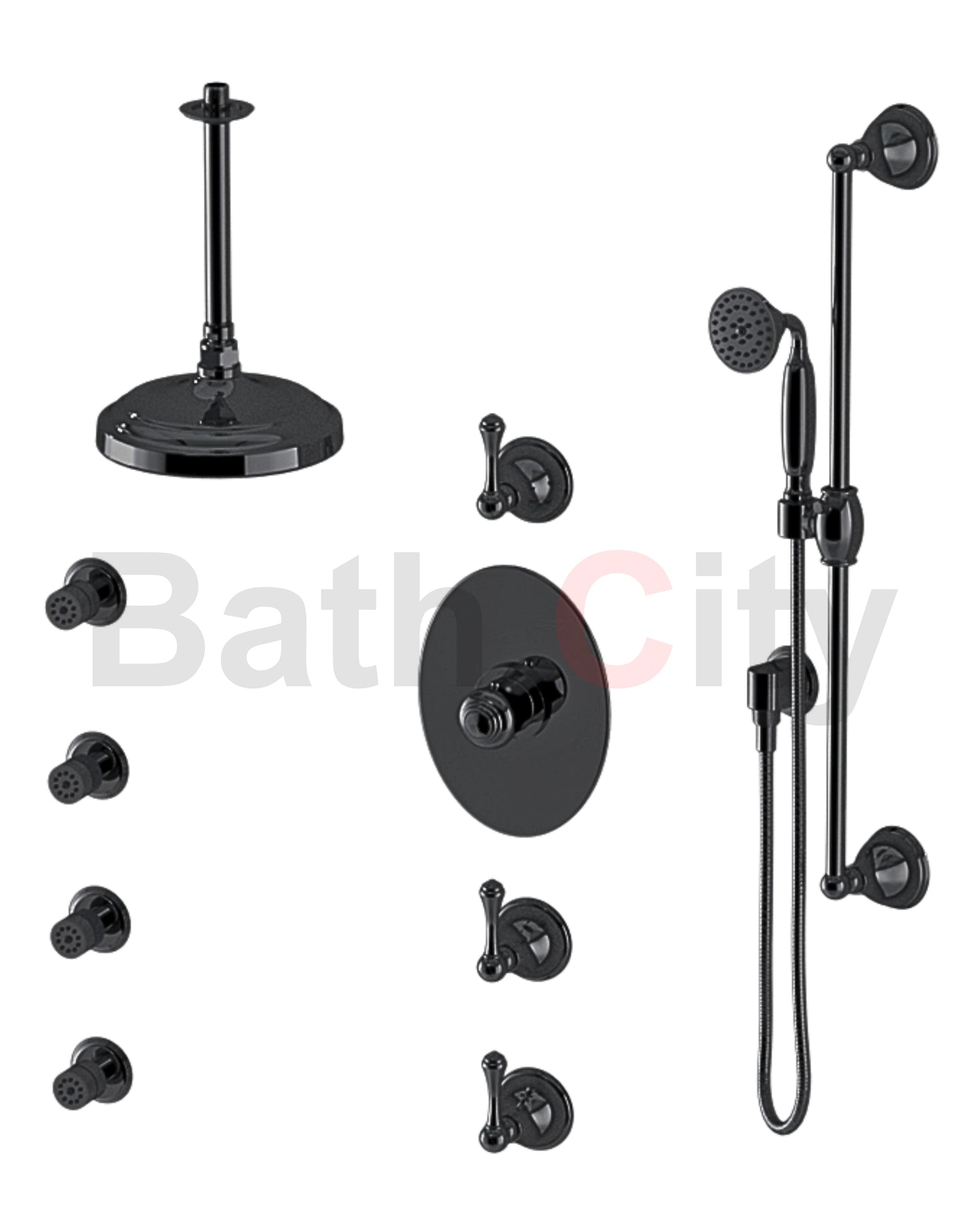 RUBINET 47FML Jasmin Temperature Control Shower with Three Separate Volume
Controls, Fixed Shower Head, Adjustable Slide Bar,
Integral Supply, Hand Held Shower & Four Body Sprays 8? Ceiling Mount Trim Only
