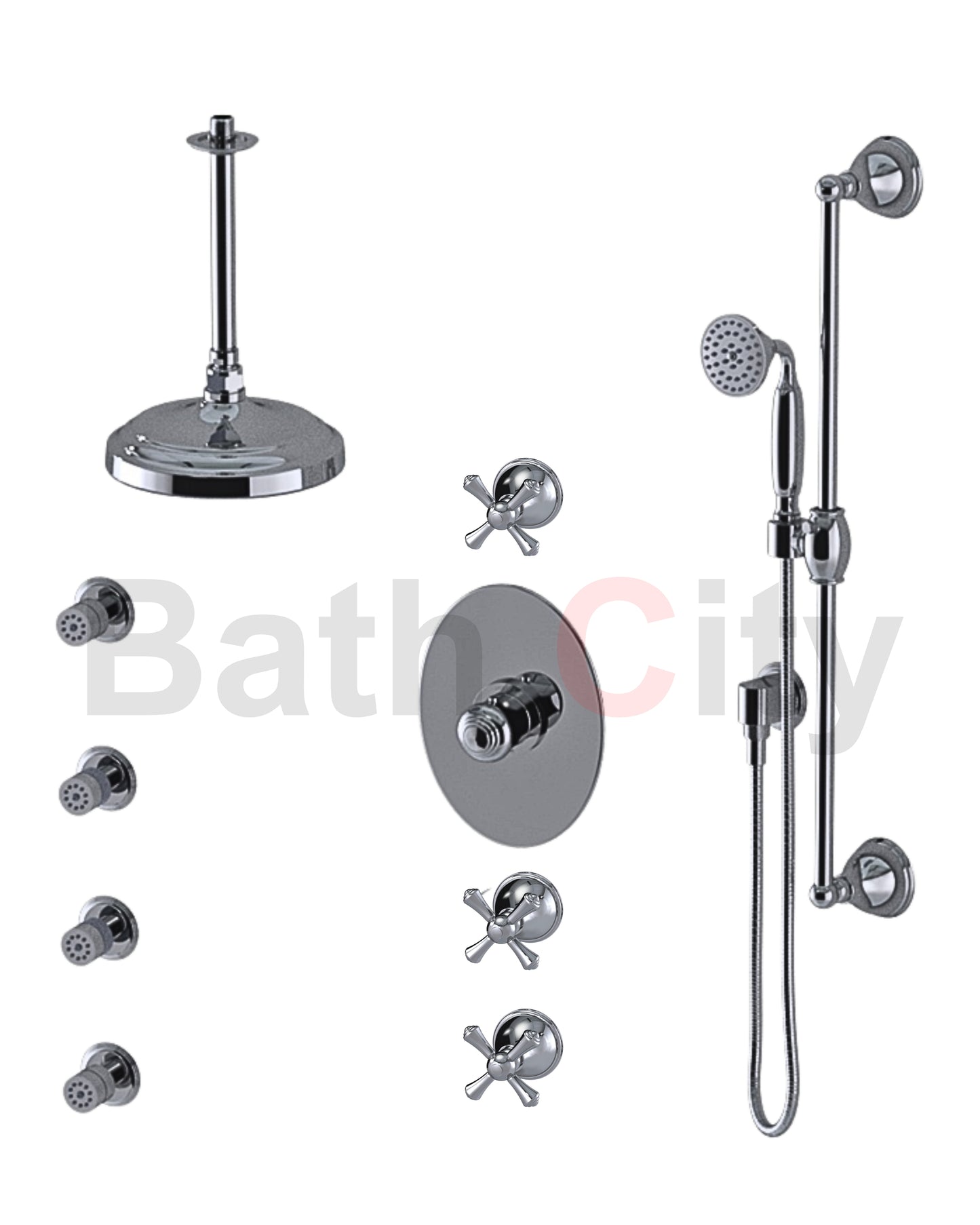 RUBINET 47FML Jasmin Temperature Control Shower with Three Separate Volume
Controls, Fixed Shower Head, Adjustable Slide Bar,
Integral Supply, Hand Held Shower & Four Body Sprays 8? Ceiling Mount Trim Only