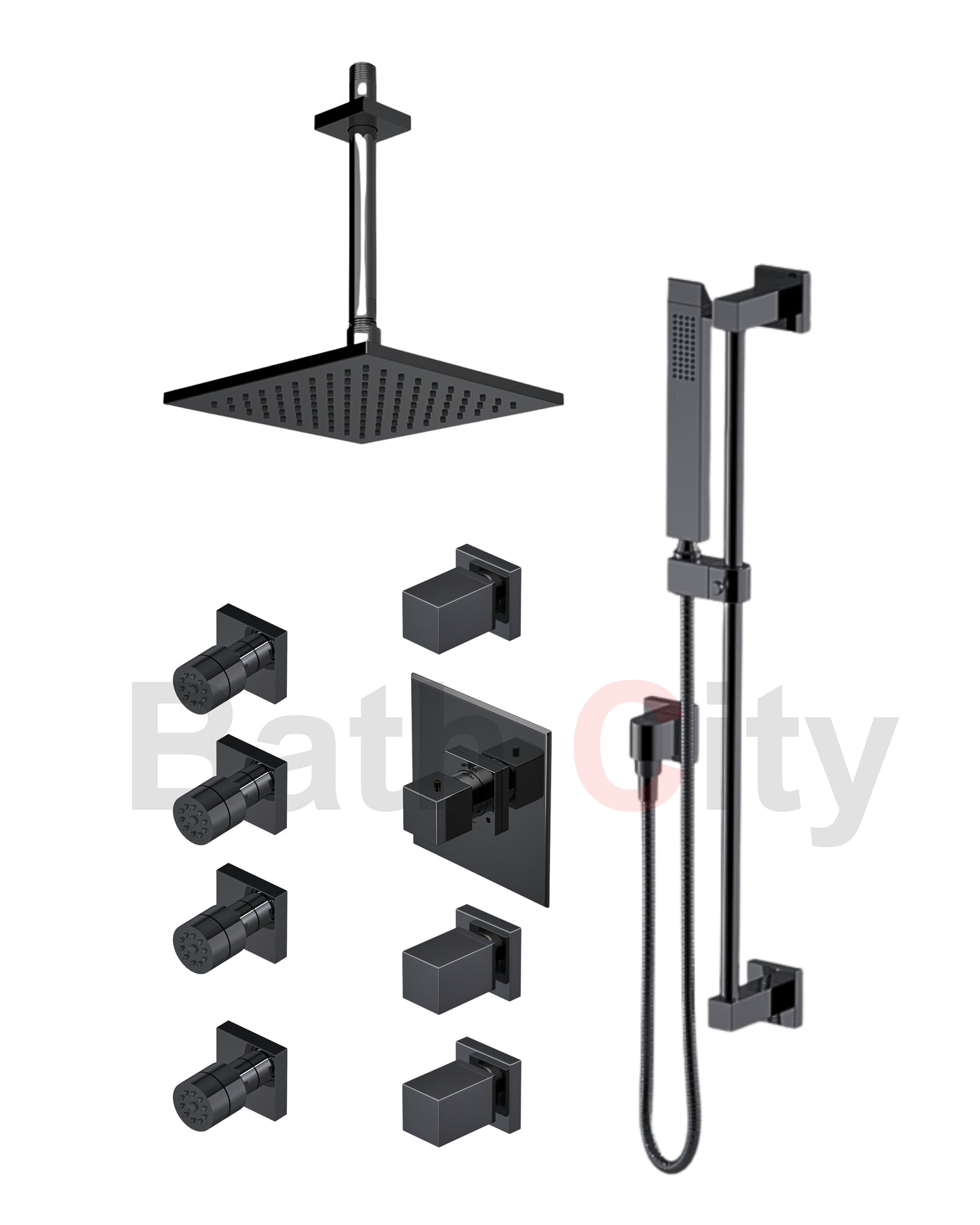 RUBINET 47RSQ Seven Temperature Control Shower with Three Separate Volume Controls, Fixed Shower Head, Adjustable Slide Bar, Integral Supply & Hand Held Shower & Four Body Sprays/ 8" Ceiling Mount-Trim Only