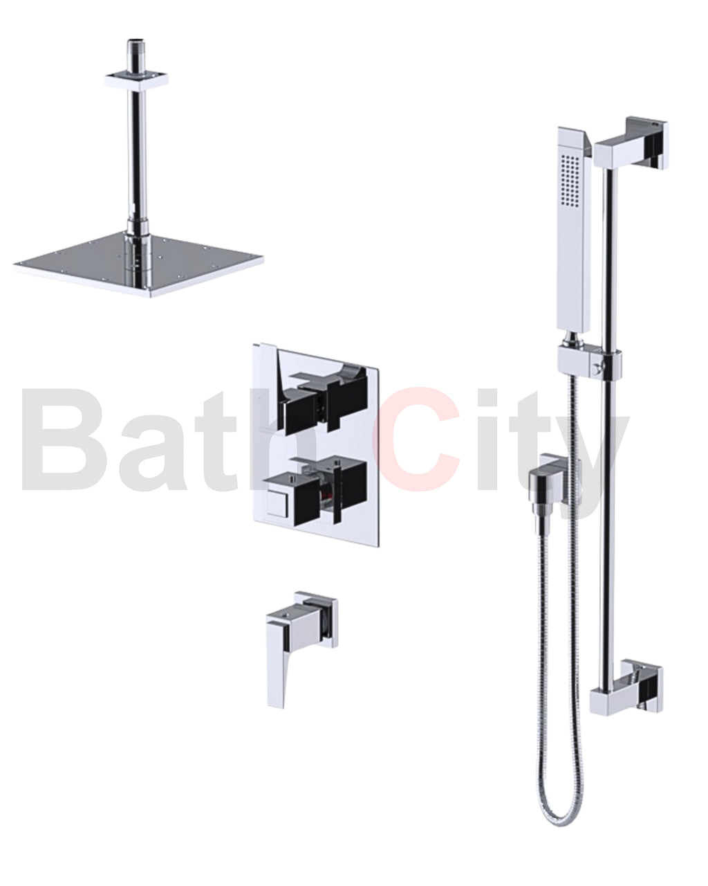 RUBINET 42RSQ Seven Temperature Control Shower with Two Separate Volume Controls, Fixed Shower Head, Adjustable Slide Bar, Integral Supply & Hand Held Shower/ 8" Ceiling Mount-Trim Only