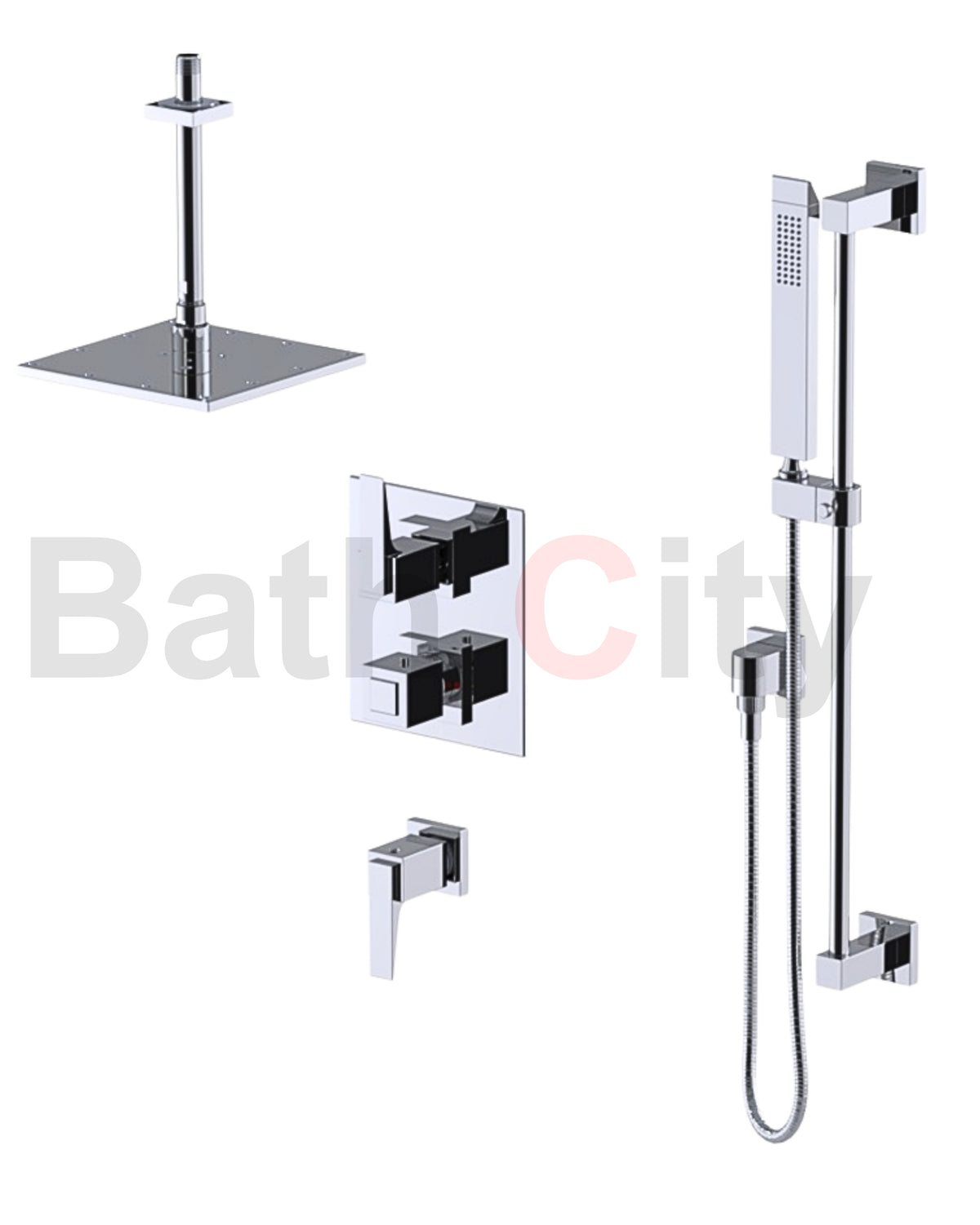 RUBINET 42RSQ Seven Temperature Control Shower with Two Separate Volume Controls, Fixed Shower Head, Adjustable Slide Bar, Integral Supply & Hand Held Shower/ 8" Ceiling Mount-Trim Only