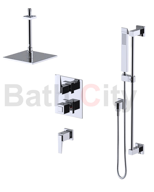 RUBINET 42RSQ Seven Temperature Control Shower with Two Separate Volume Controls, Fixed Shower Head, Adjustable Slide Bar, Integral Supply & Hand Held Shower/ 8" Ceiling Mount-Trim Only