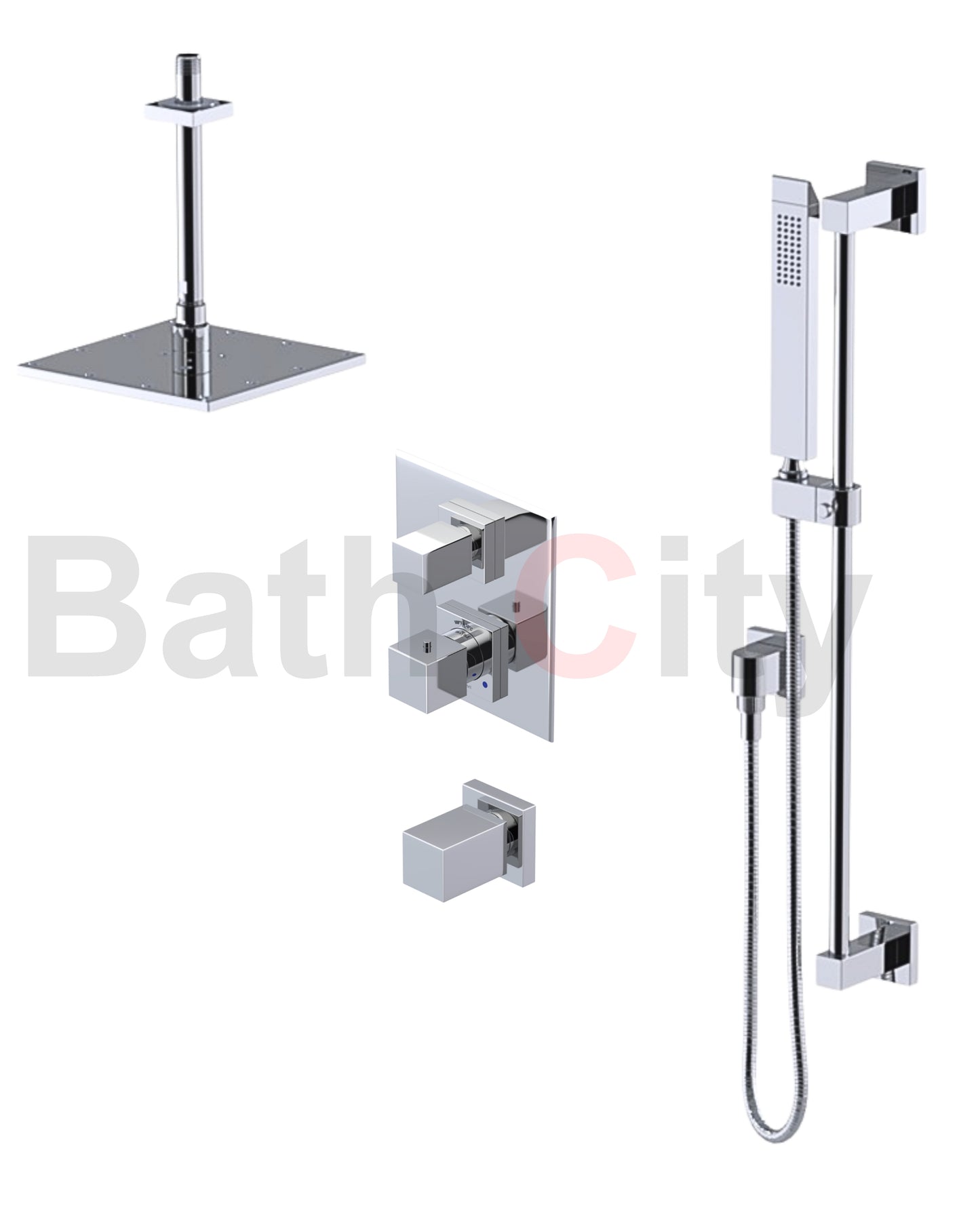 RUBINET 42RSQ Seven Temperature Control Shower with Two Separate Volume Controls, Fixed Shower Head, Adjustable Slide Bar, Integral Supply & Hand Held Shower/ 8" Ceiling Mount-Trim Only