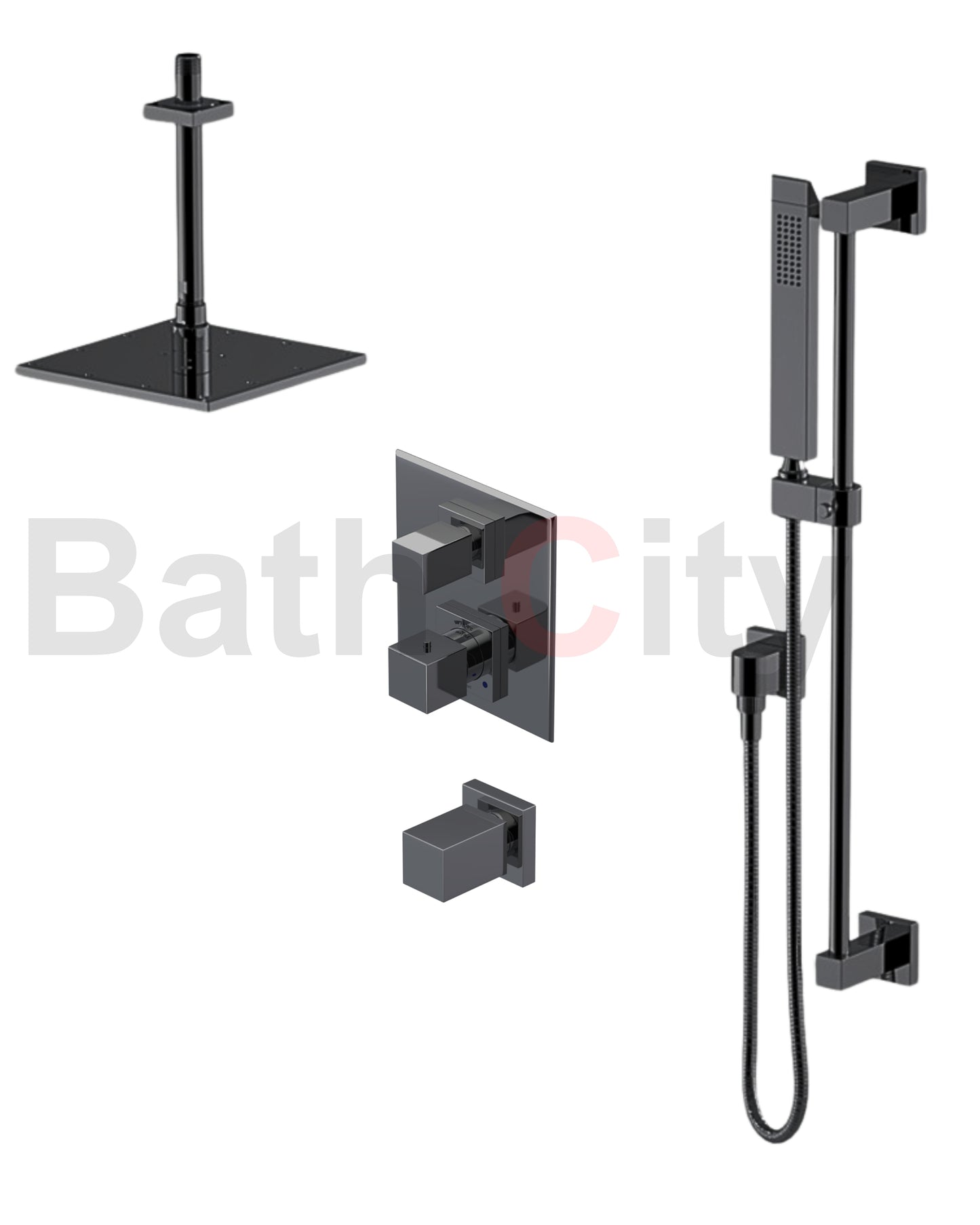 RUBINET 42RSQ Seven Temperature Control Shower with Two Separate Volume Controls, Fixed Shower Head, Adjustable Slide Bar, Integral Supply & Hand Held Shower/ 8" Ceiling Mount-Trim Only