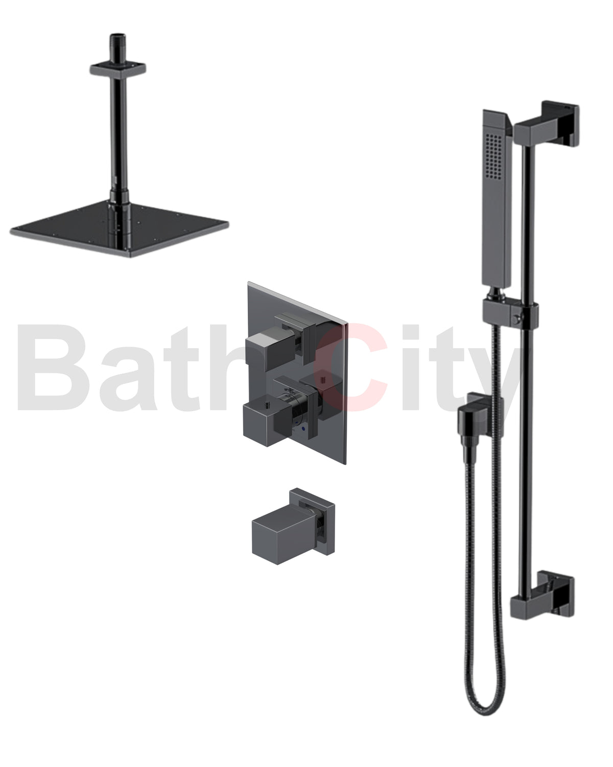 RUBINET 42RSQ Seven Temperature Control Shower with Two Separate Volume Controls, Fixed Shower Head, Adjustable Slide Bar, Integral Supply & Hand Held Shower/ 8" Ceiling Mount-Trim Only