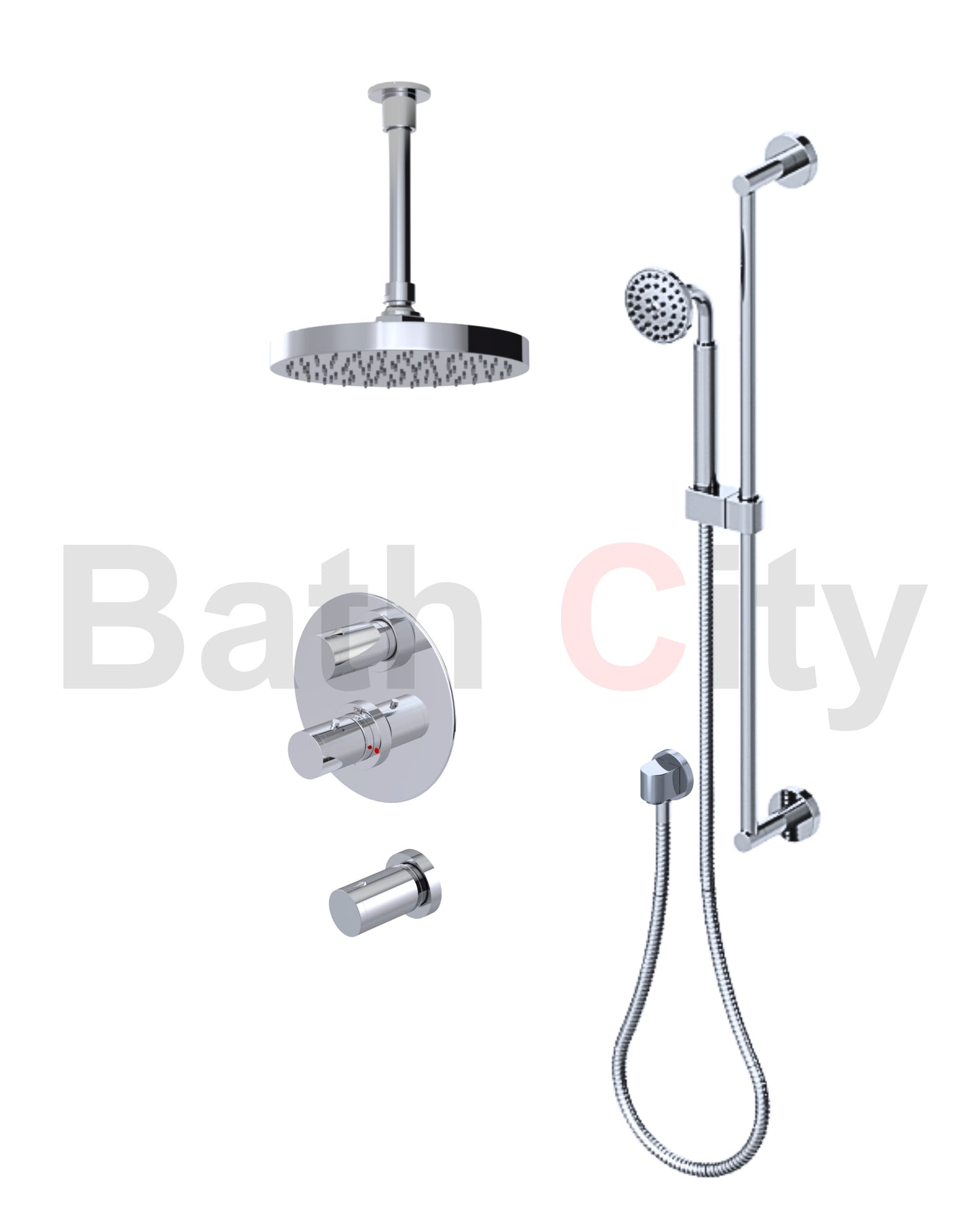RUBINET 42NVR Nouveau Temperature Control Shower with Two Separate Volume
Controls, Fixed Shower Head, Adjustable Slide Bar,
Integral Supply & Hand Held Shower 8? Ceiling Mount Trim Only