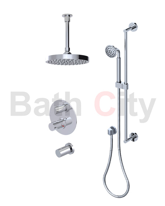 RUBINET 42NVR Nouveau Temperature Control Shower with Two Separate Volume
Controls, Fixed Shower Head, Adjustable Slide Bar,
Integral Supply & Hand Held Shower 8? Ceiling Mount Trim Only