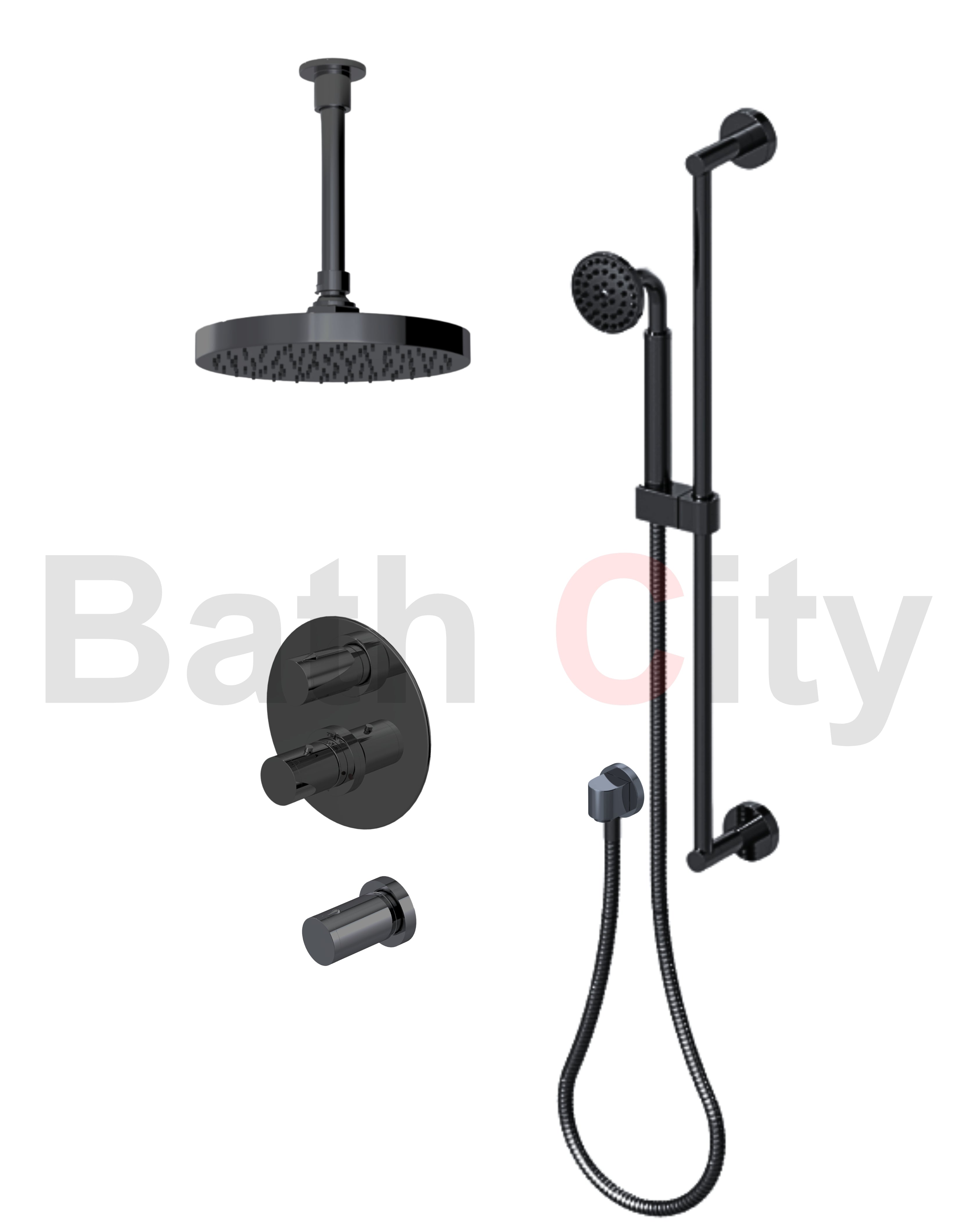 RUBINET 42NVR Nouveau Temperature Control Shower with Two Separate Volume
Controls, Fixed Shower Head, Adjustable Slide Bar,
Integral Supply & Hand Held Shower 8? Ceiling Mount Trim Only Secondary image