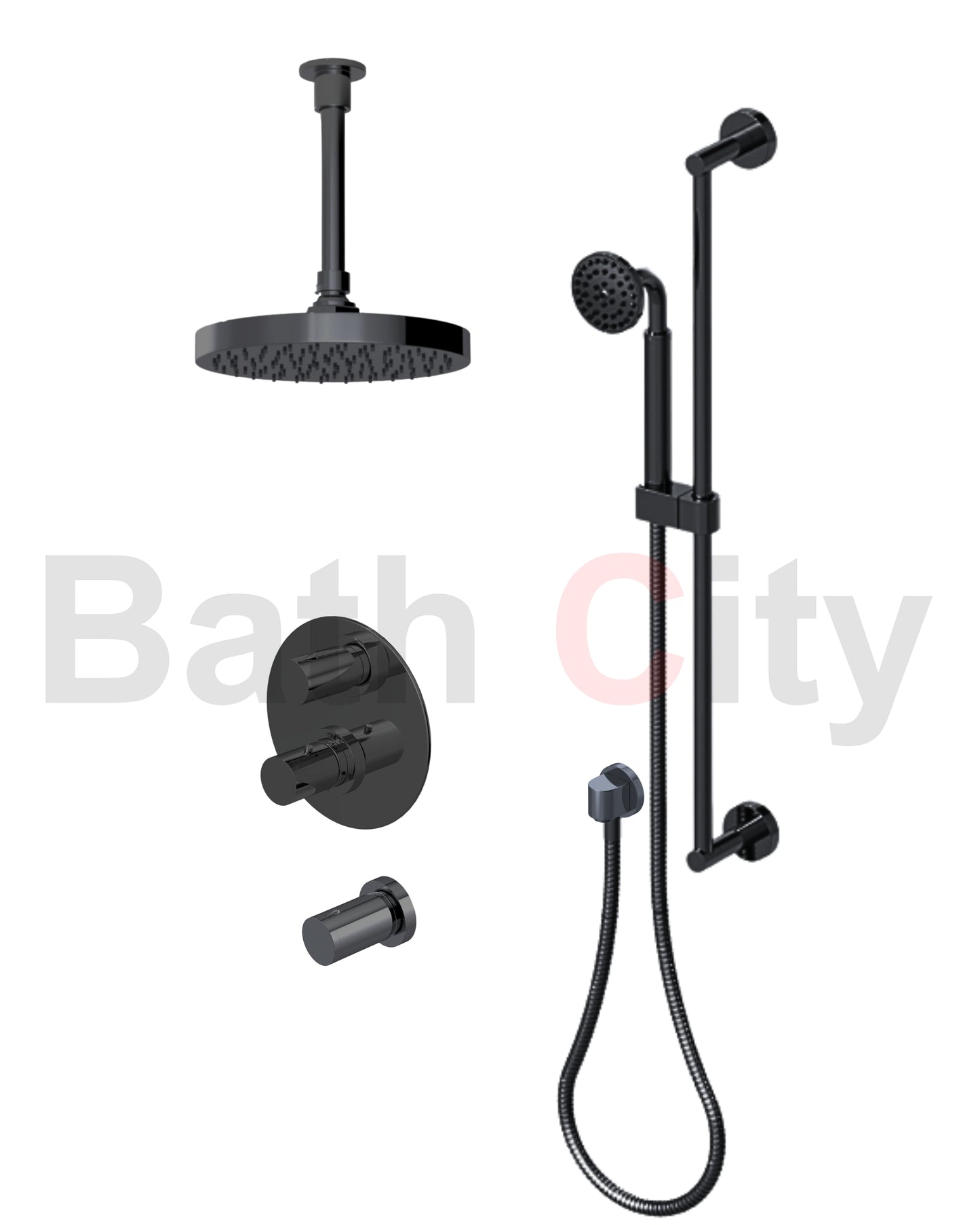 RUBINET 42NVR Nouveau Temperature Control Shower with Two Separate Volume
Controls, Fixed Shower Head, Adjustable Slide Bar,
Integral Supply & Hand Held Shower 8? Ceiling Mount Trim Only