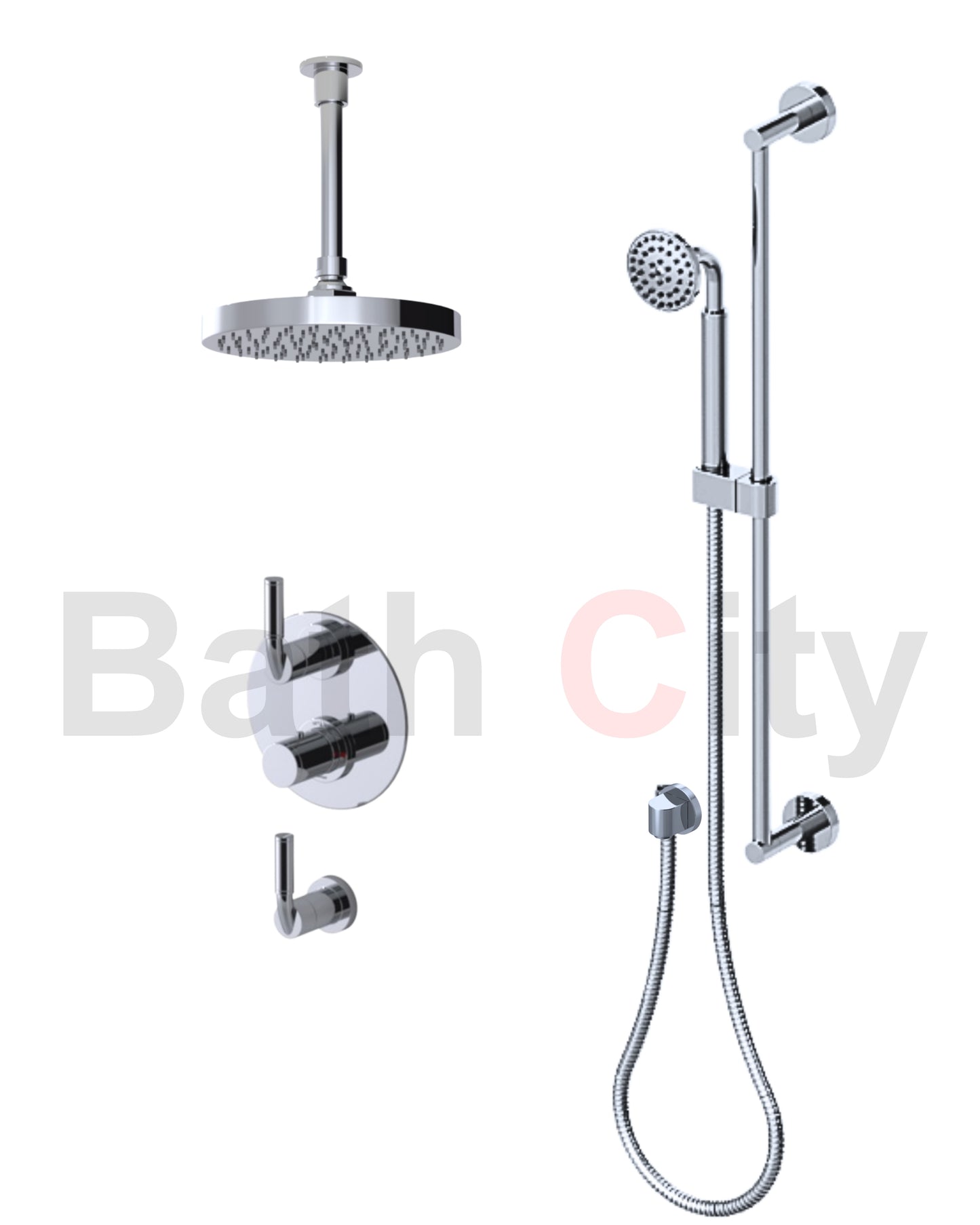 RUBINET 42NVR Nouveau Temperature Control Shower with Two Separate Volume
Controls, Fixed Shower Head, Adjustable Slide Bar,
Integral Supply & Hand Held Shower 8? Ceiling Mount Trim Only