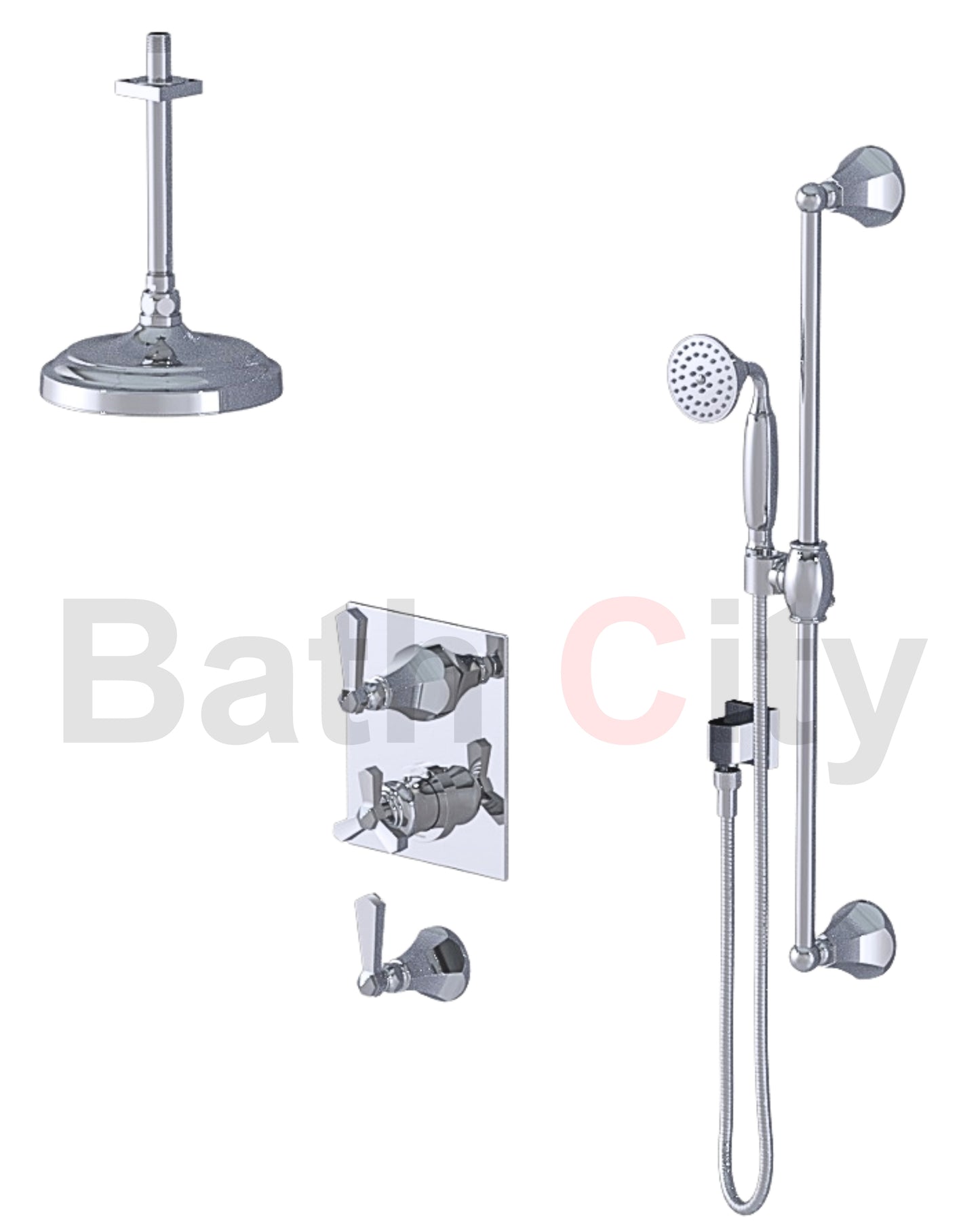 RUBINET 42HXL Hexis Temperature Control Shower with Two Separate Volume Controls, 8" Ceiling Mount Shower Head,  Hand Held Shower, Adjustable Slide bar, Integral Supply (Trim Only)