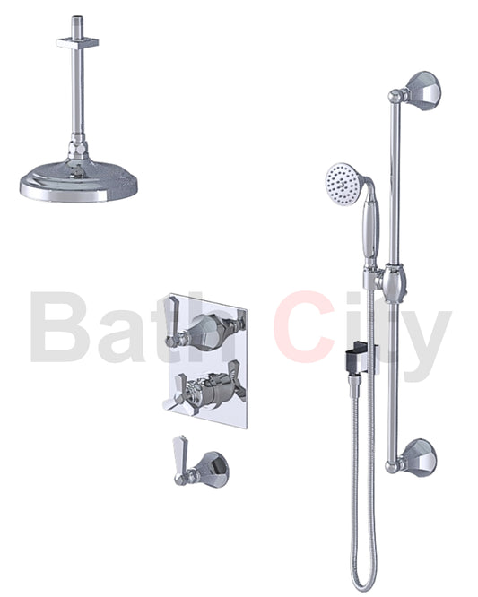 RUBINET 42HXL Hexis Temperature Control Shower with Two Separate Volume Controls, 8" Ceiling Mount Shower Head,  Hand Held Shower, Adjustable Slide bar, Integral Supply (Trim Only)