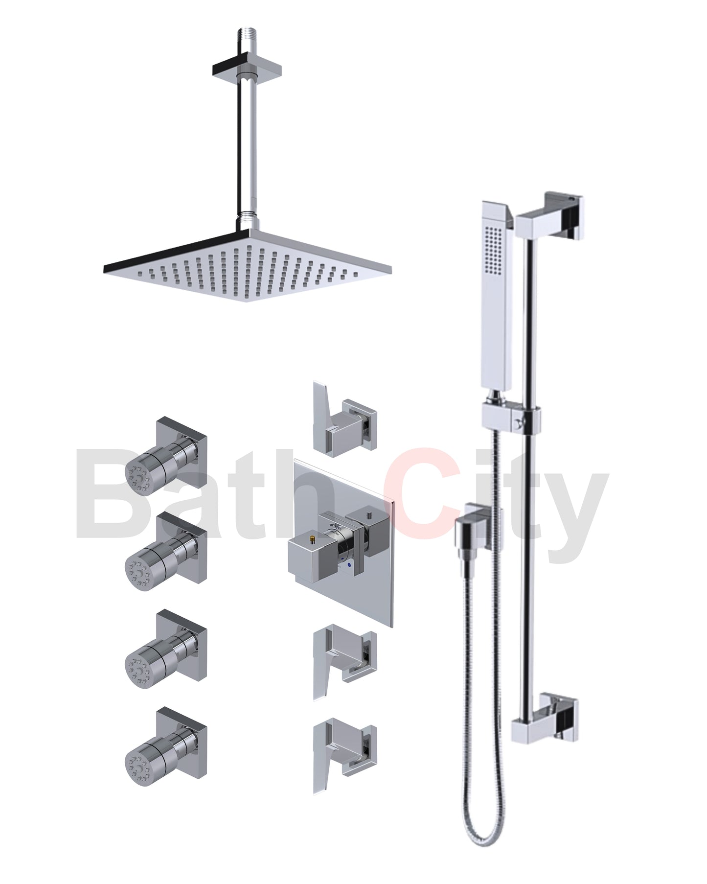 RUBINET 47RSQ Seven Temperature Control Shower with Three Separate Volume Controls, Fixed Shower Head, Adjustable Slide Bar, Integral Supply & Hand Held Shower & Four Body Sprays/ 8" Ceiling Mount-Trim Only