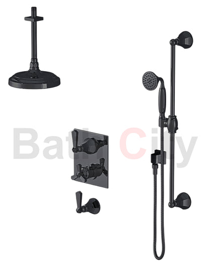 RUBINET 42HXL Hexis Temperature Control Shower with Two Separate Volume Controls, 8" Ceiling Mount Shower Head,  Hand Held Shower, Adjustable Slide bar, Integral Supply (Trim Only)