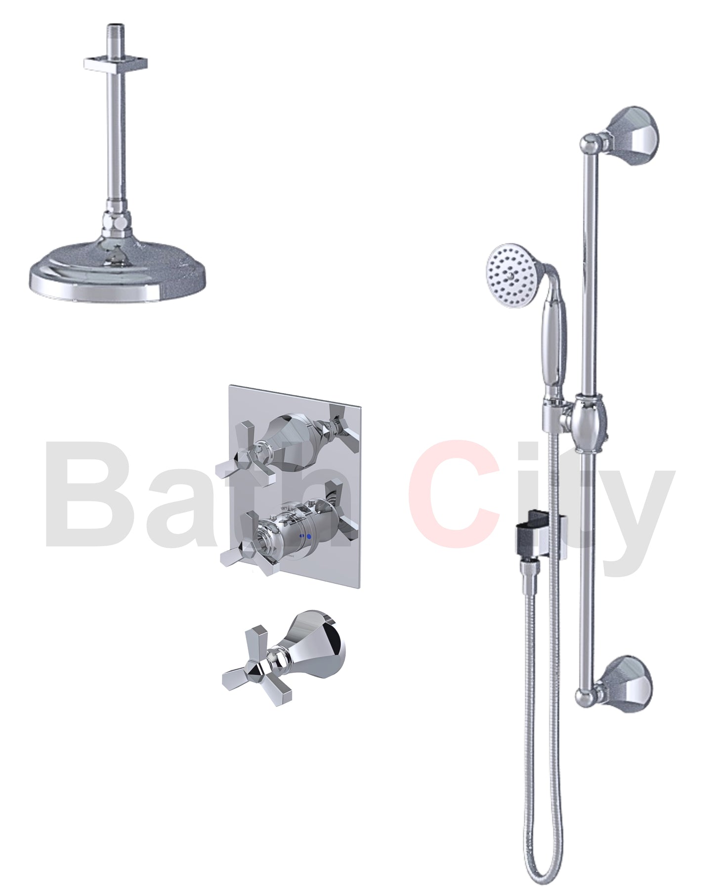 RUBINET 42HXL Hexis Temperature Control Shower with Two Separate Volume Controls, 8" Ceiling Mount Shower Head,  Hand Held Shower, Adjustable Slide bar, Integral Supply (Trim Only)