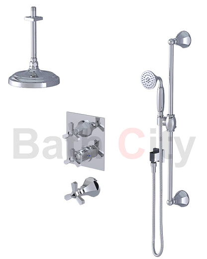 RUBINET 42HXL Hexis Temperature Control Shower with Two Separate Volume Controls, 8" Ceiling Mount Shower Head,  Hand Held Shower, Adjustable Slide bar, Integral Supply (Trim Only)