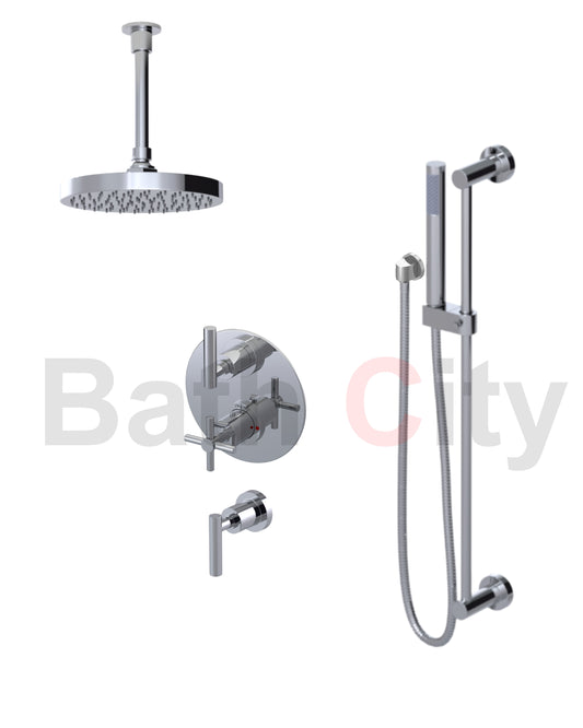 RUBINET 42GNL Genesis Temperature Control Shower with Two Separate Volume Controls, 8"CeilingMount Shower Head, Adjustable Slide Bar, Integral Supply & Hand Held Shower (Trtim Only)