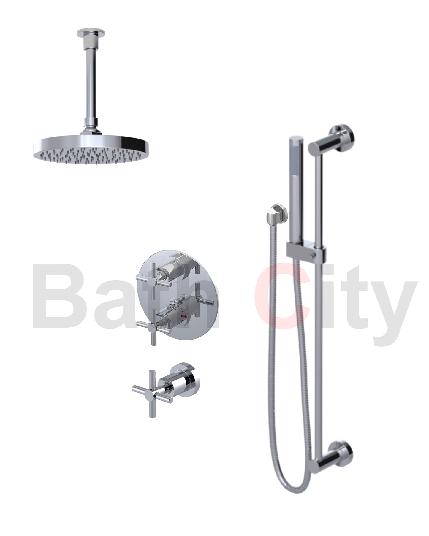 RUBINET 42GNL Genesis Temperature Control Shower with Two Separate Volume Controls, 8"CeilingMount Shower Head, Adjustable Slide Bar, Integral Supply & Hand Held Shower (Trtim Only)