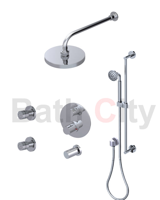 RUBINET 31NVR Nouveau Temperature Control Shower with Two Way Diverter &
Shut-Off, with One Separate Volume Control with
Hand Held Shower, Adjustable Slide Bar, Integral Supply,
Two Body Sprays & Fixed Shower Head 8? Wall Mount Trim Only