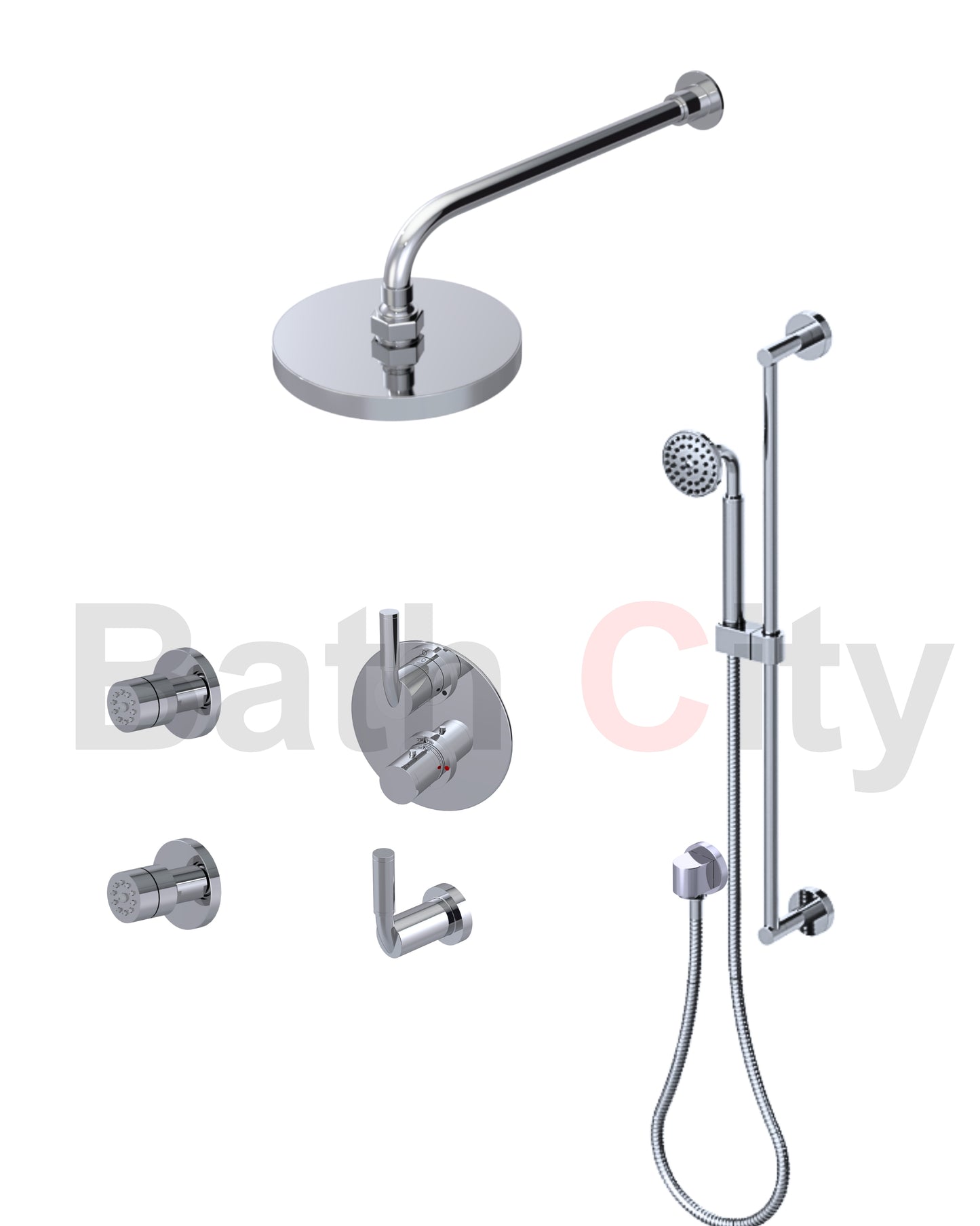 RUBINET 31NVR Nouveau Temperature Control Shower with Two Way Diverter &
Shut-Off, with One Separate Volume Control with
Hand Held Shower, Adjustable Slide Bar, Integral Supply,
Two Body Sprays & Fixed Shower Head 8? Wall Mount Trim Only