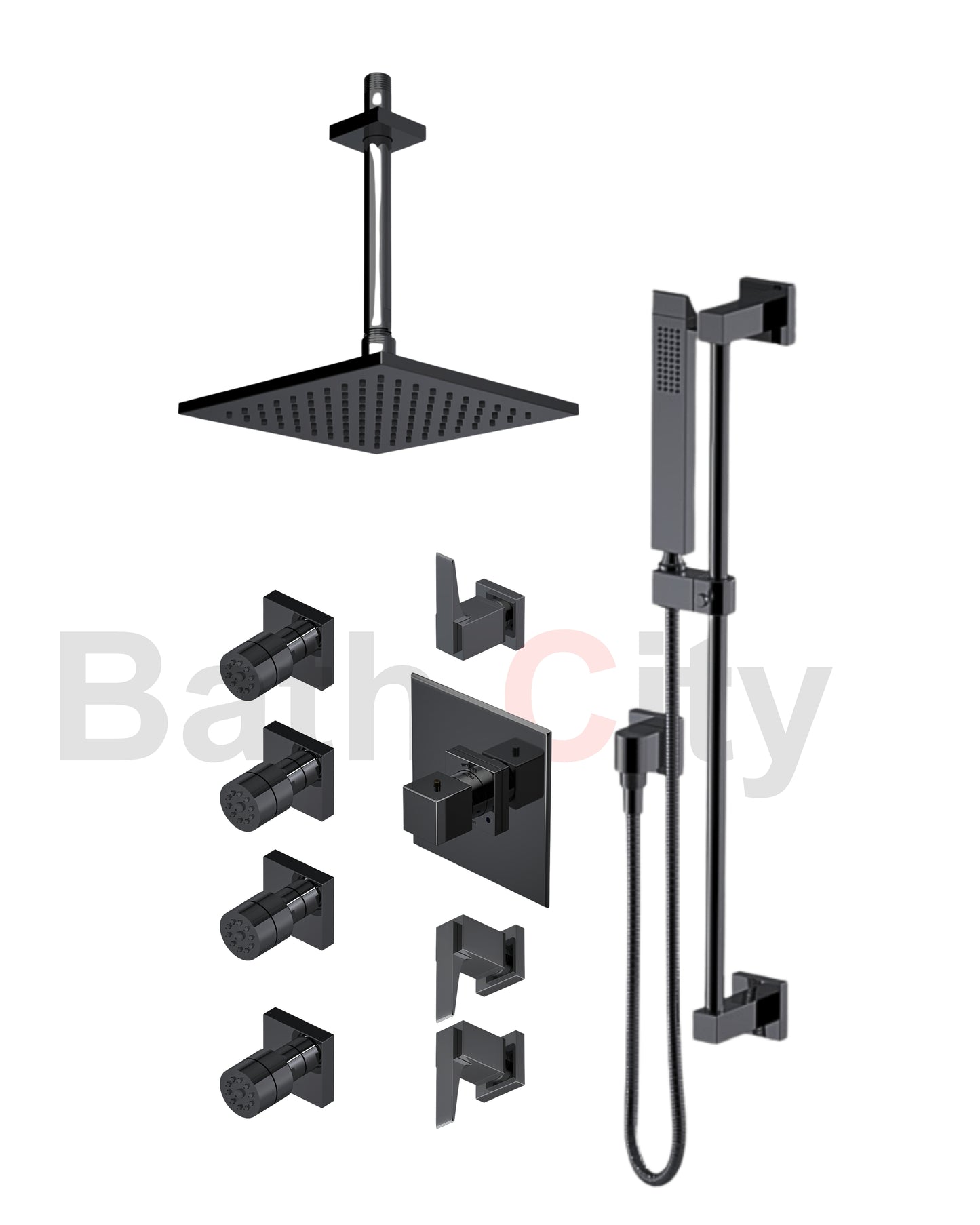 RUBINET 47RSQ Seven Temperature Control Shower with Three Separate Volume Controls, Fixed Shower Head, Adjustable Slide Bar, Integral Supply & Hand Held Shower & Four Body Sprays/ 8" Ceiling Mount-Trim Only