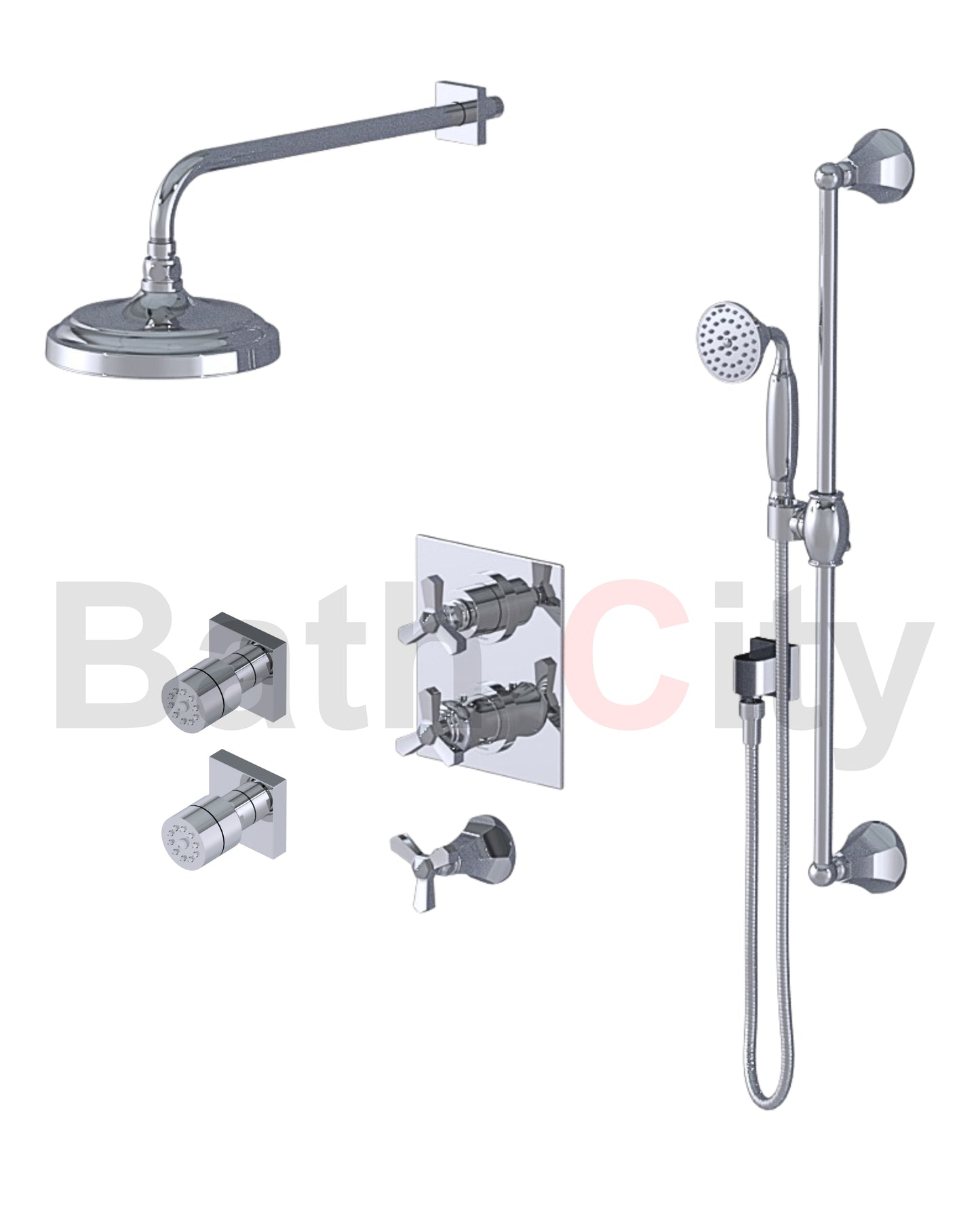 RUBINET 31HXL Hexis Temperature Control Shower with Two Way Diverter & Shut-Off, with One Separate Volume Control, Hand Held Shower, Adjustable Slide bar, Integral Supply, Two Body Sprays & 8" Wall Mount Showe Head (Trim Only)