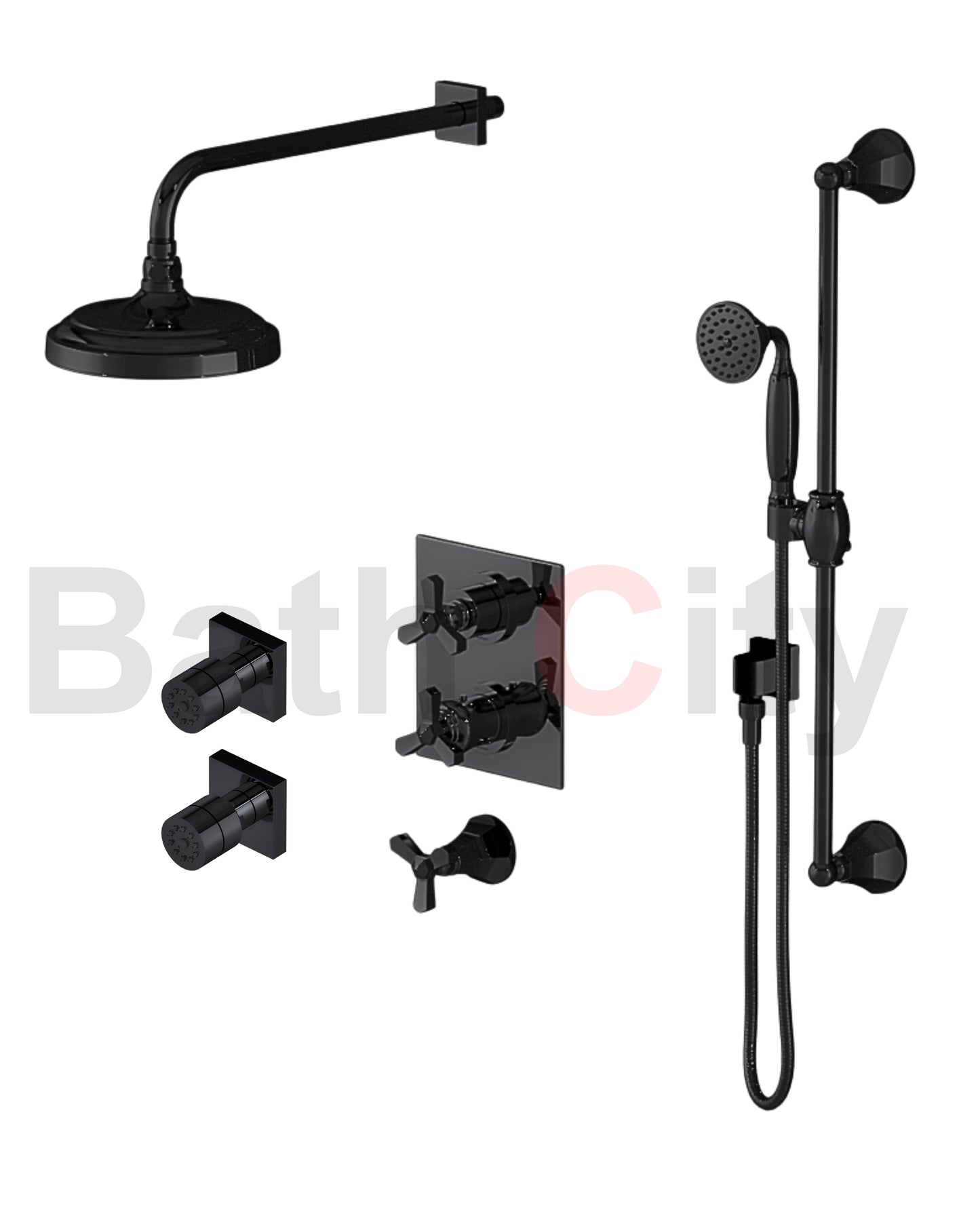 RUBINET 31HXL Hexis Temperature Control Shower with Two Way Diverter & Shut-Off, with One Separate Volume Control, Hand Held Shower, Adjustable Slide bar, Integral Supply, Two Body Sprays & 8" Wall Mount Showe Head (Trim Only)