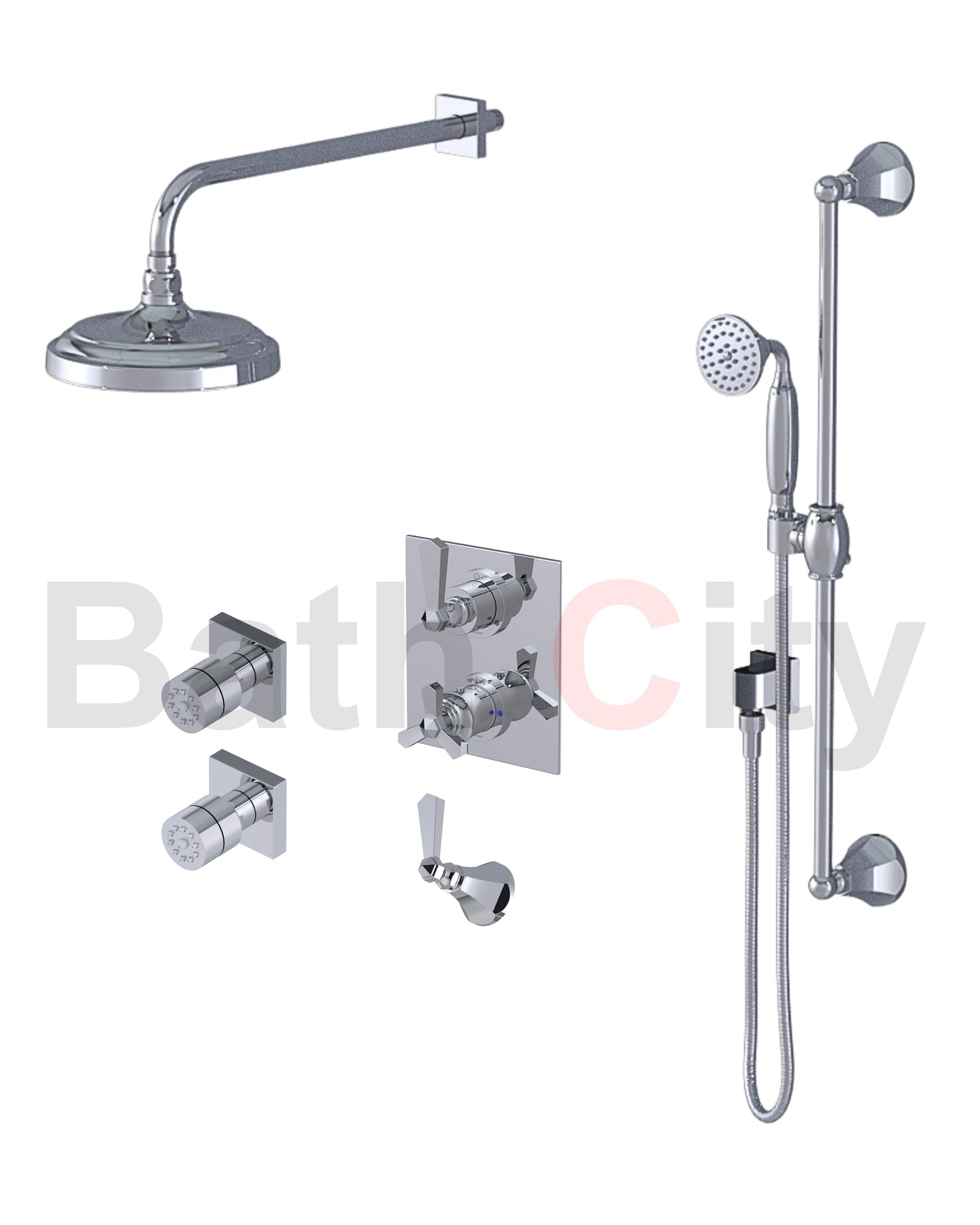 RUBINET 31HXL Hexis Temperature Control Shower with Two Way Diverter & Shut-Off, with One Separate Volume Control, Hand Held Shower, Adjustable Slide bar, Integral Supply, Two Body Sprays & 8" Wall Mount Showe Head (Trim Only)