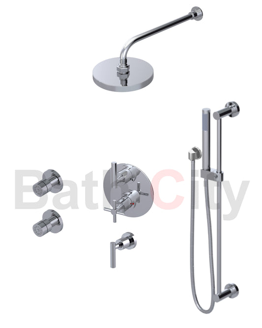RUBINET 31GNL Genesis Temperature Control Shower with Two Way Diverter & Shut-Off, with One Separate Volume Control with
Hand Held Shower, Adjustable Slide Bar, Integral Supply, Two Body Sprays & 8" Wall Mount Shower Head (Trim Only)
